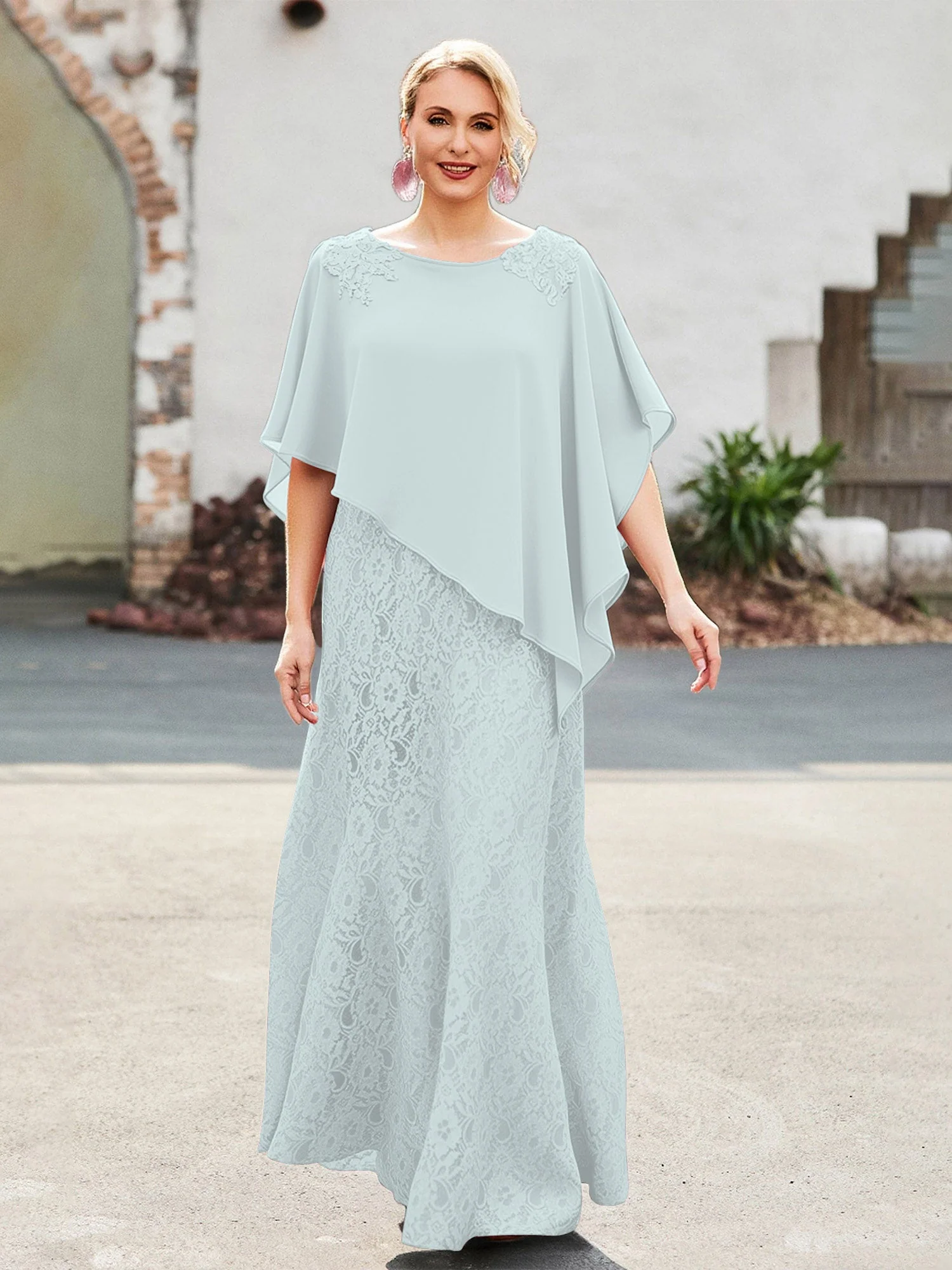 Elegant Scoop Cap Chiffon Spitze A-Linie Lang Kleid Nebel