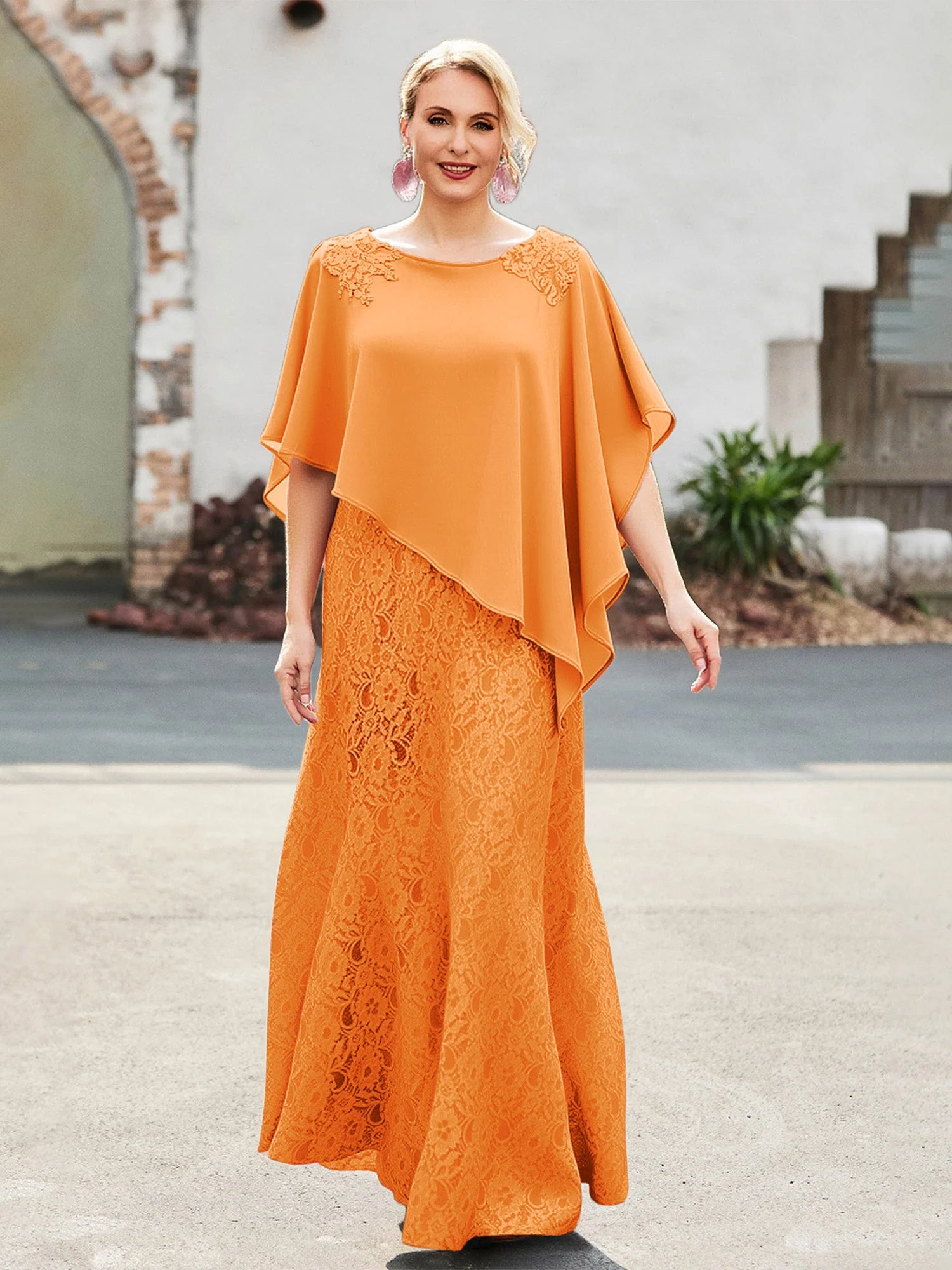 Elegant Scoop Cap Chiffon Spitze A-Linie Lang Kleid Orange
