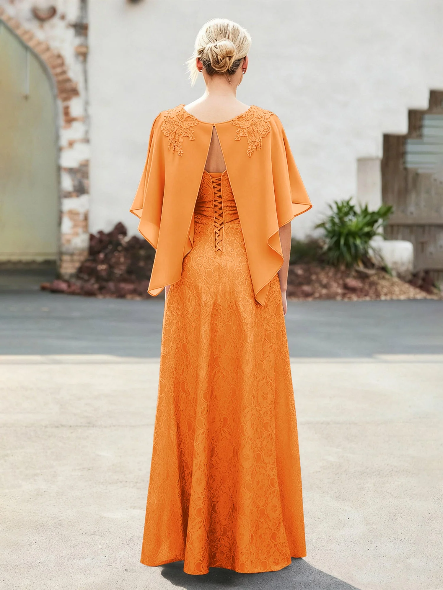 Elegant Scoop Cap Chiffon Spitze A-Linie Lang Kleid Orange - Image 2