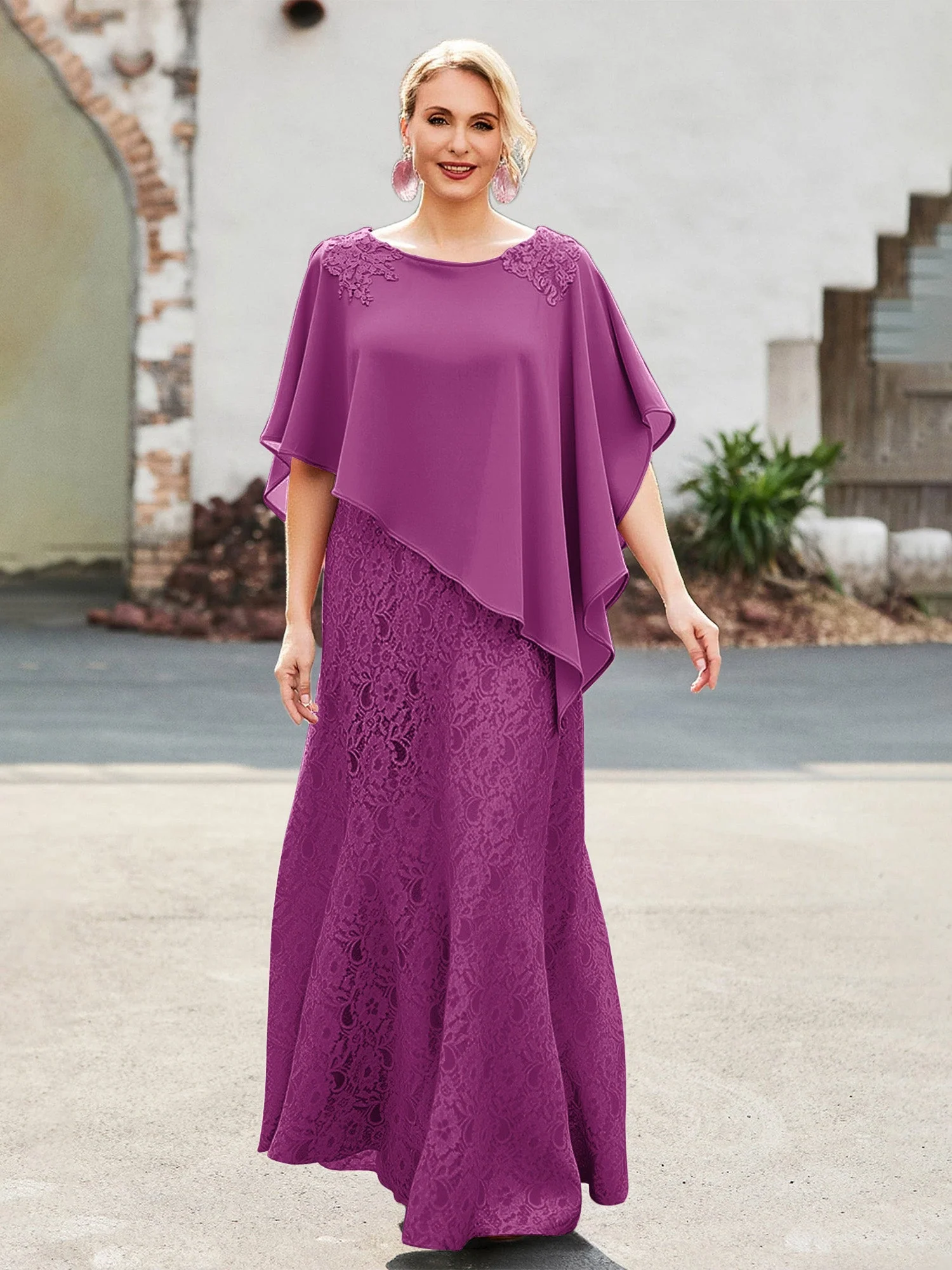 Elegant Scoop Cap Chiffon Spitze A-Linie Lang Kleid Orchidee