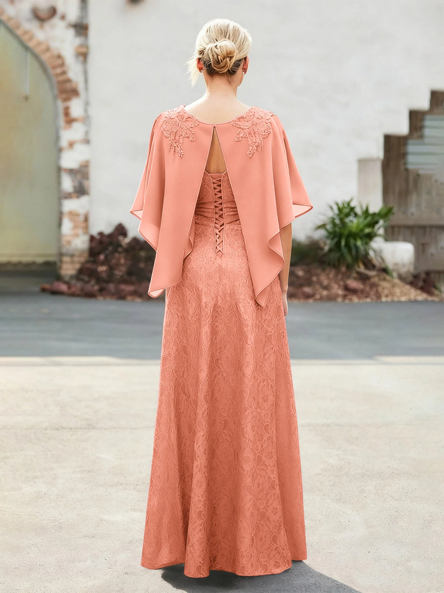 Elegant Scoop Cap Chiffon Spitze A-Linie Lang Kleid Papaya - Image 2