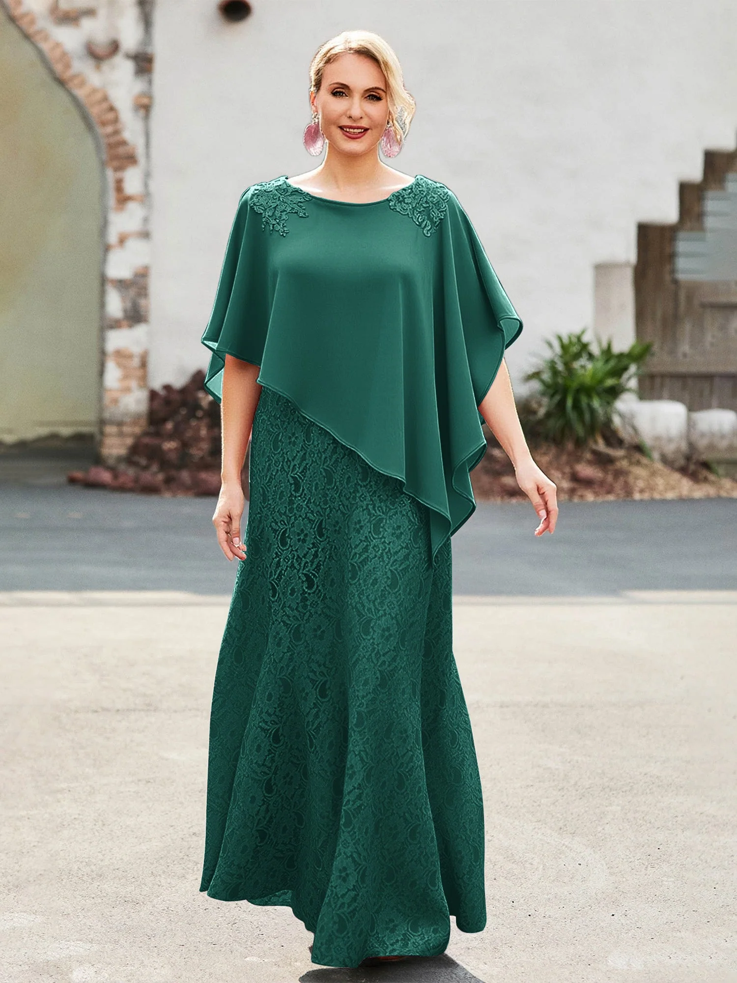 Elegant Scoop Cap Chiffon Spitze A-Linie Lang Kleid Pfau