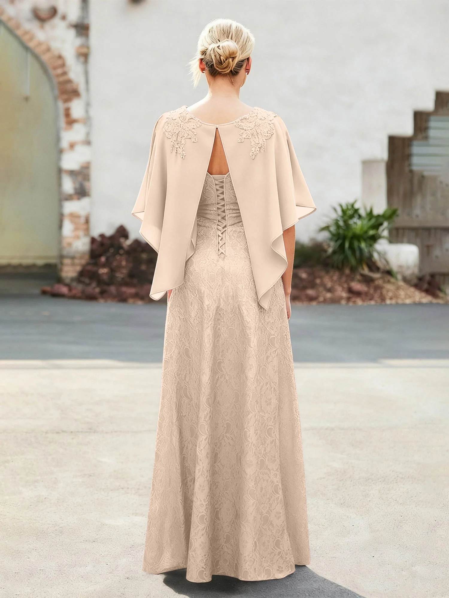 Elegant Scoop Cap Chiffon Spitze A-Linie Lang Kleid Pfirsich - Image 2