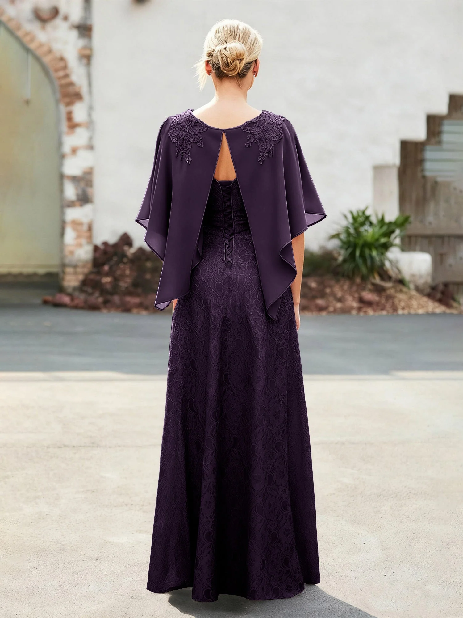 Elegant Scoop Cap Chiffon Spitze A-Linie Lang Kleid Plum - Image 2