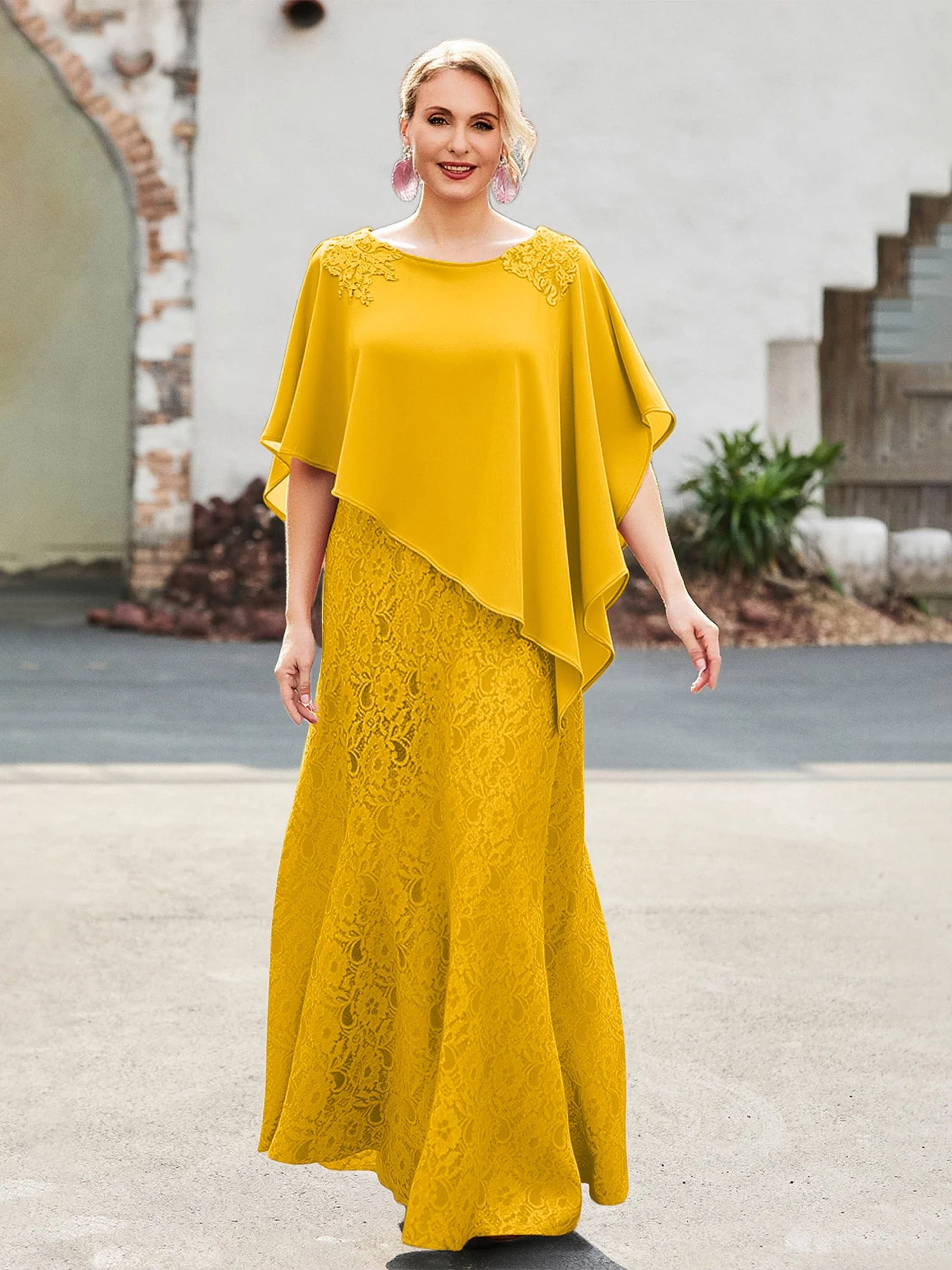 Elegant Scoop Cap Chiffon Spitze A-Linie Lang Kleid Ringelblume
