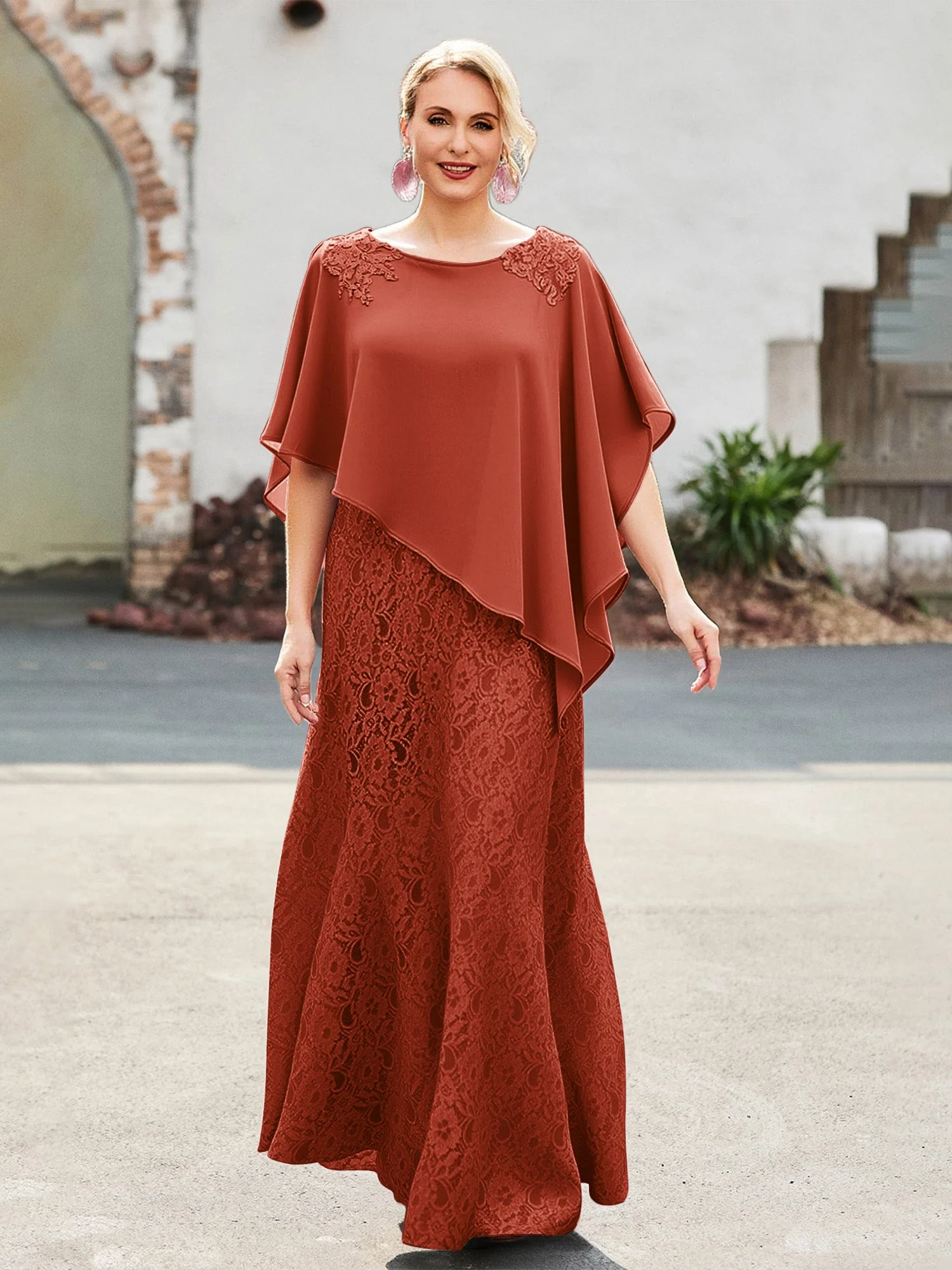Elegant Scoop Cap Chiffon Spitze A-Linie Lang Kleid Rost