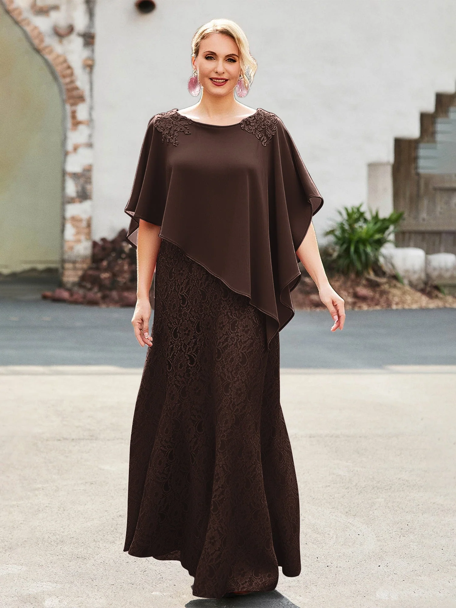 Elegant Scoop Cap Chiffon Spitze A-Linie Lang Kleid Schokolade