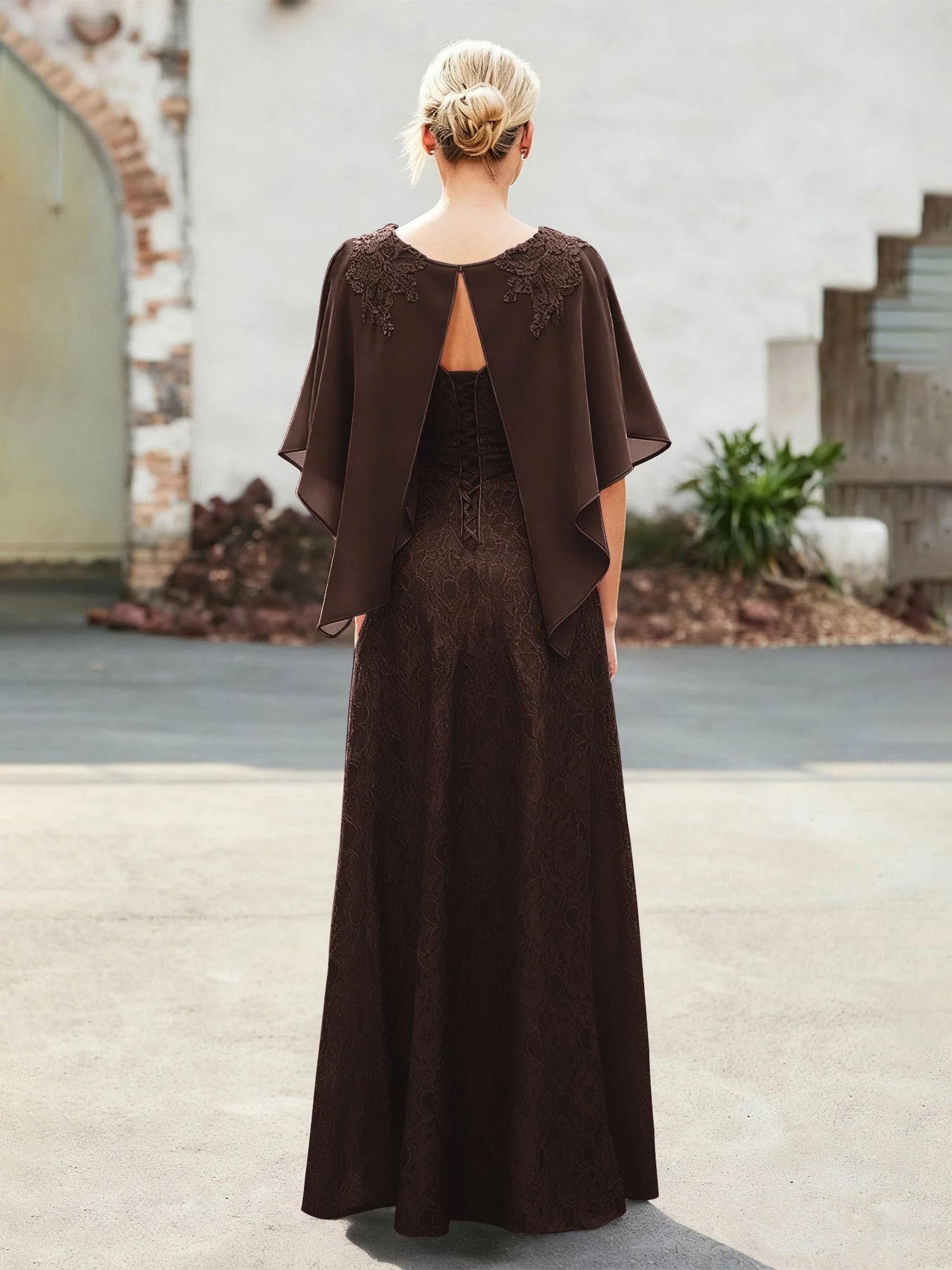 Elegant Scoop Cap Chiffon Spitze A-Linie Lang Kleid Schokolade - Image 2