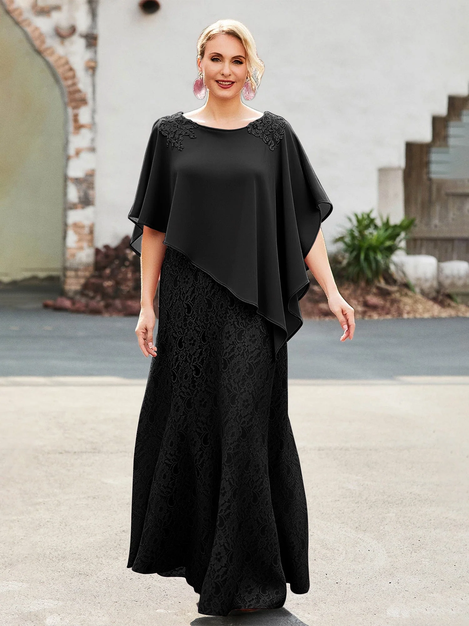Elegant Scoop Cap Chiffon Spitze A-Linie Lang Kleid Schwarz