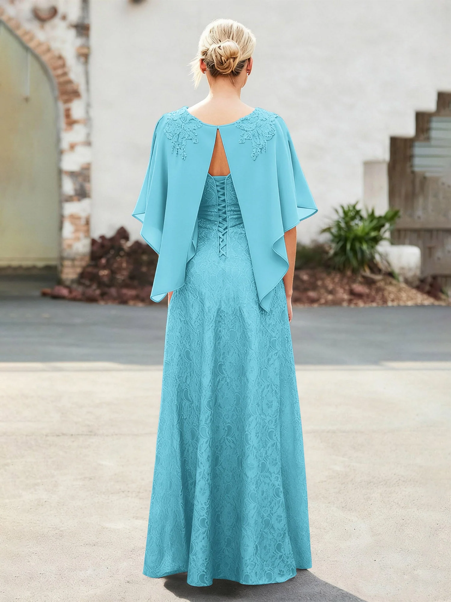 Elegant Scoop Cap Chiffon Spitze A-Linie Lang Kleid Schwimmbadblau - Image 2