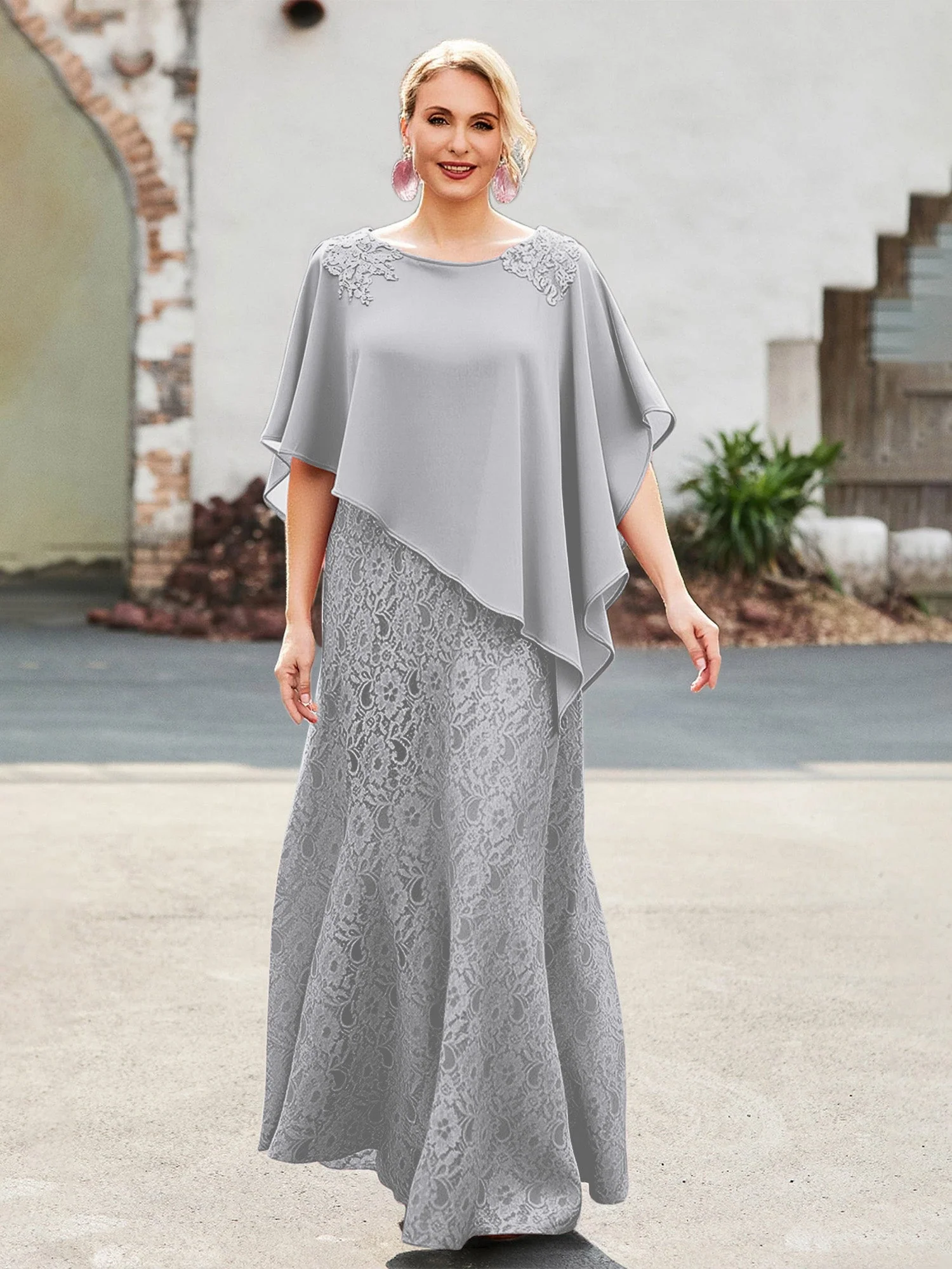 Elegant Scoop Cap Chiffon Spitze A-Linie Lang Kleid Silber