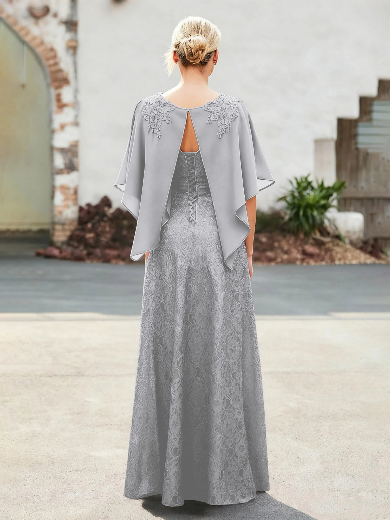 Elegant Scoop Cap Chiffon Spitze A-Linie Lang Kleid Silber - Image 2