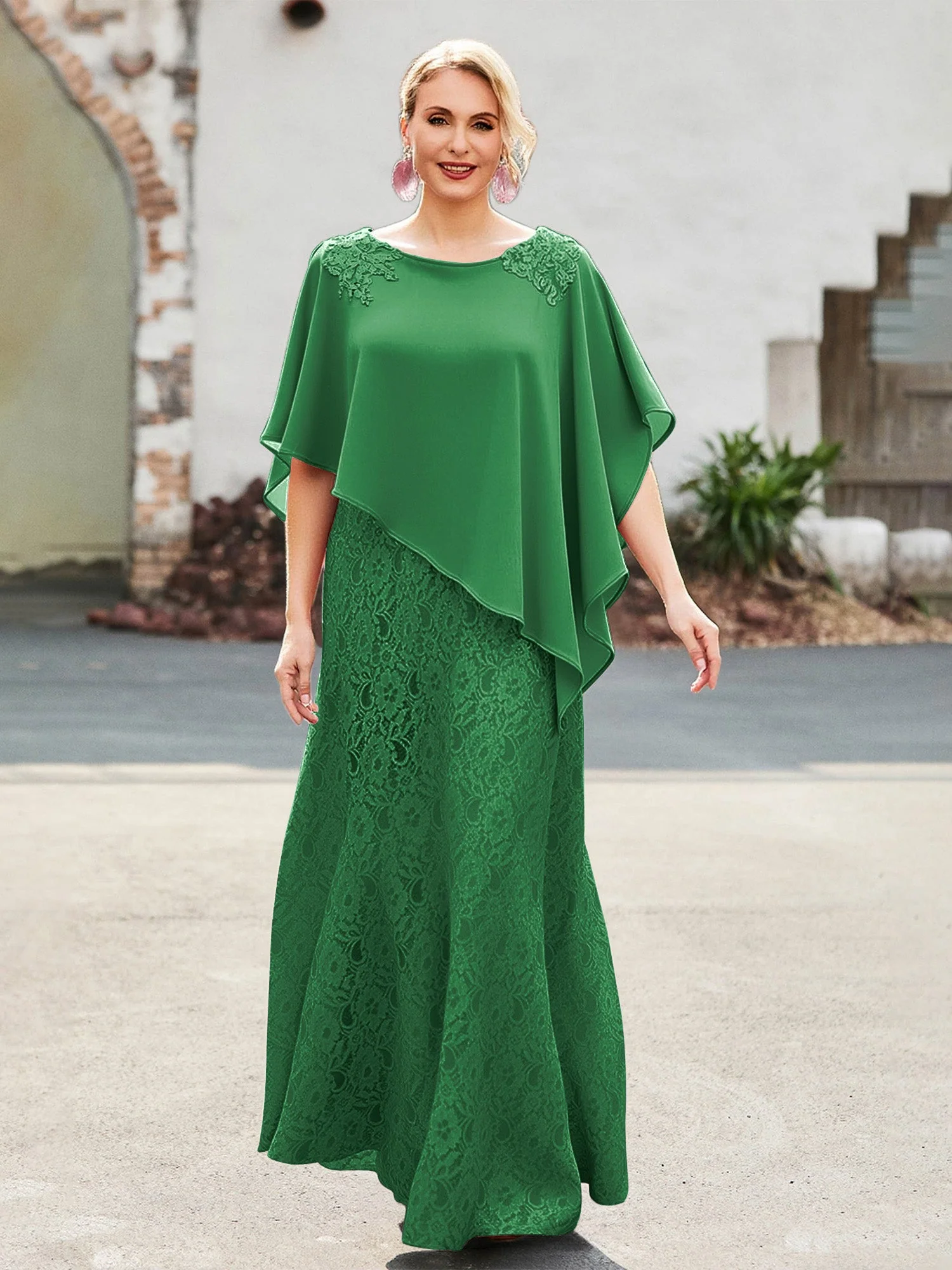Elegant Scoop Cap Chiffon Spitze A-Linie Lang Kleid Smaragd