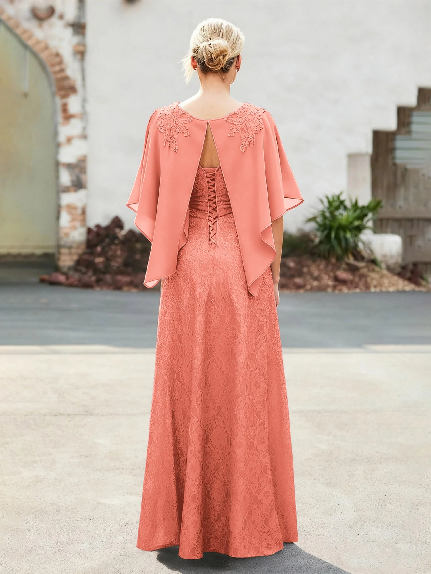 Elegant Scoop Cap Chiffon Spitze A-Linie Lang Kleid Sonnenuntergang - Image 2