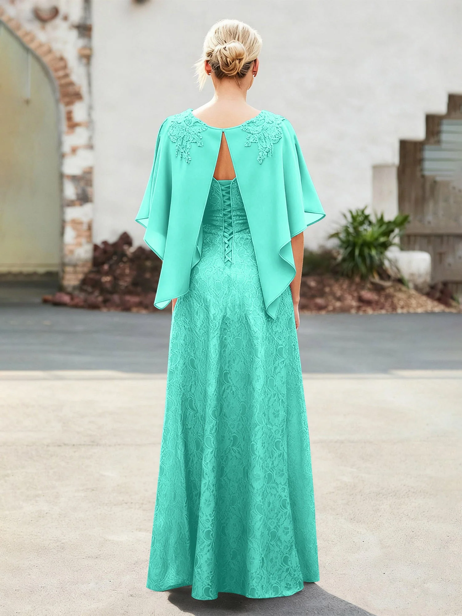 Elegant Scoop Cap Chiffon Spitze A-Linie Lang Kleid Spa - Image 2