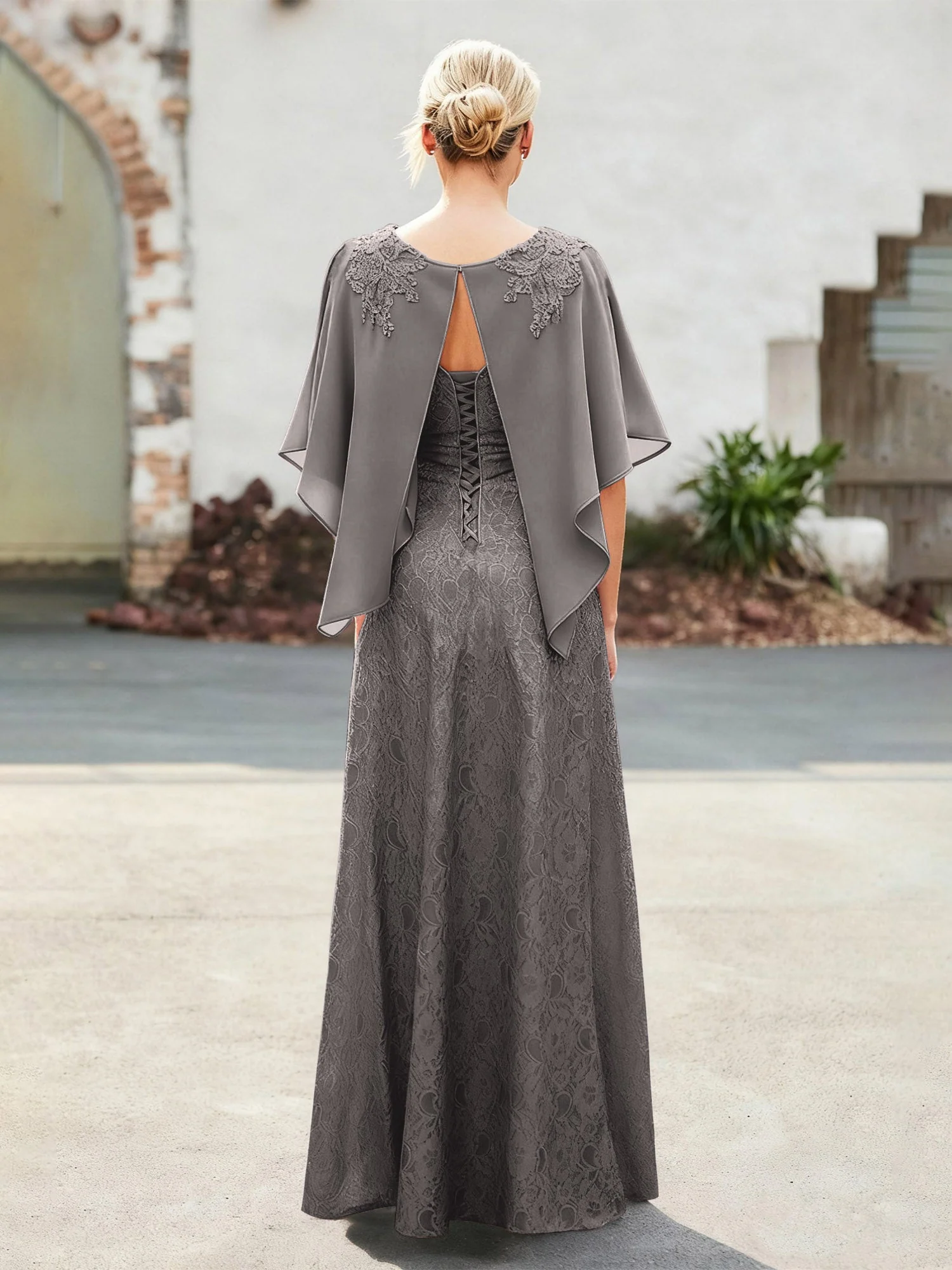 Elegant Scoop Cap Chiffon Spitze A-Linie Lang Kleid Stahlgrau - Image 2