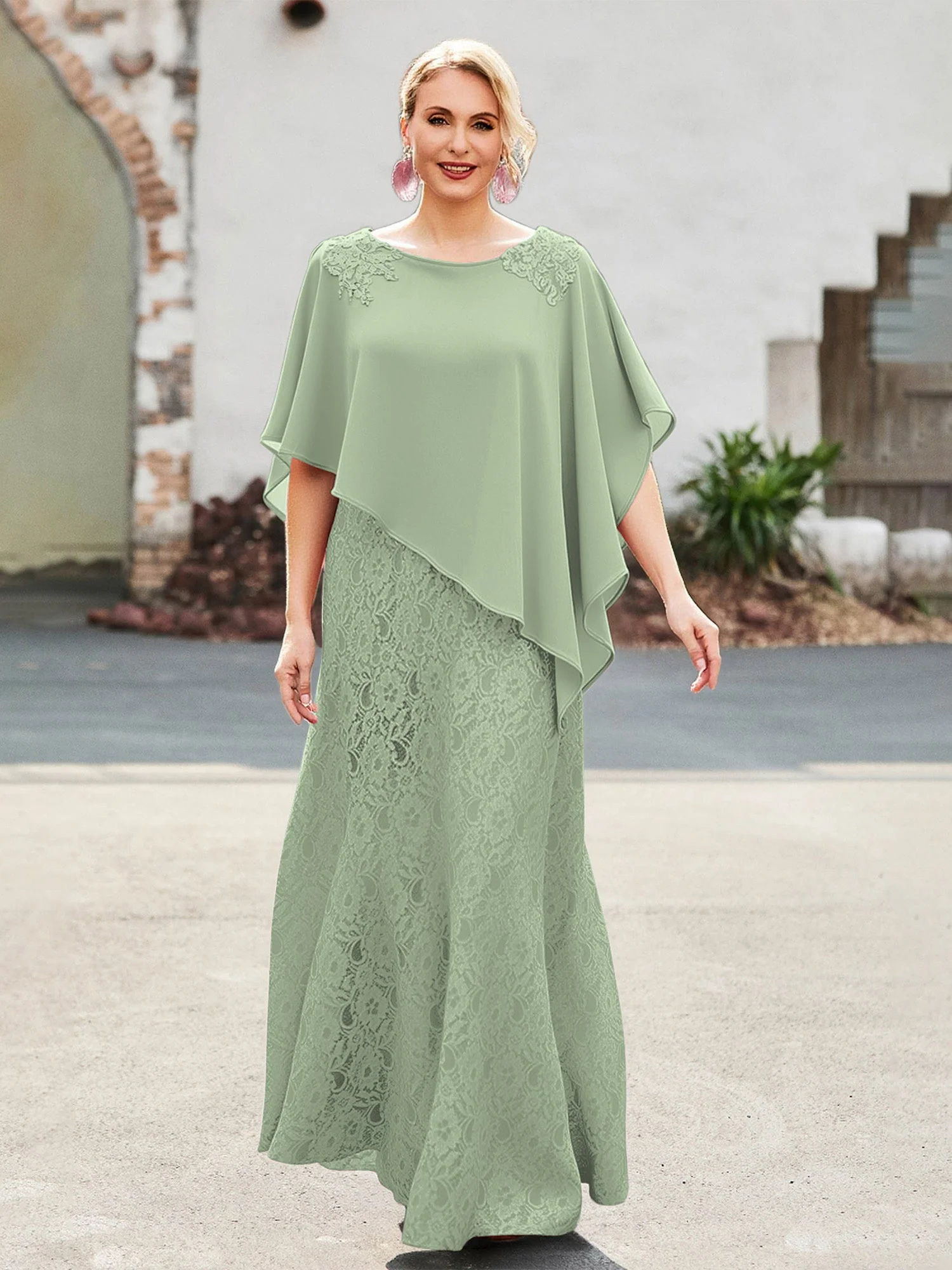 Elegant Scoop Cap Chiffon Spitze A-Linie Lang Kleid Staubiges Salbei
