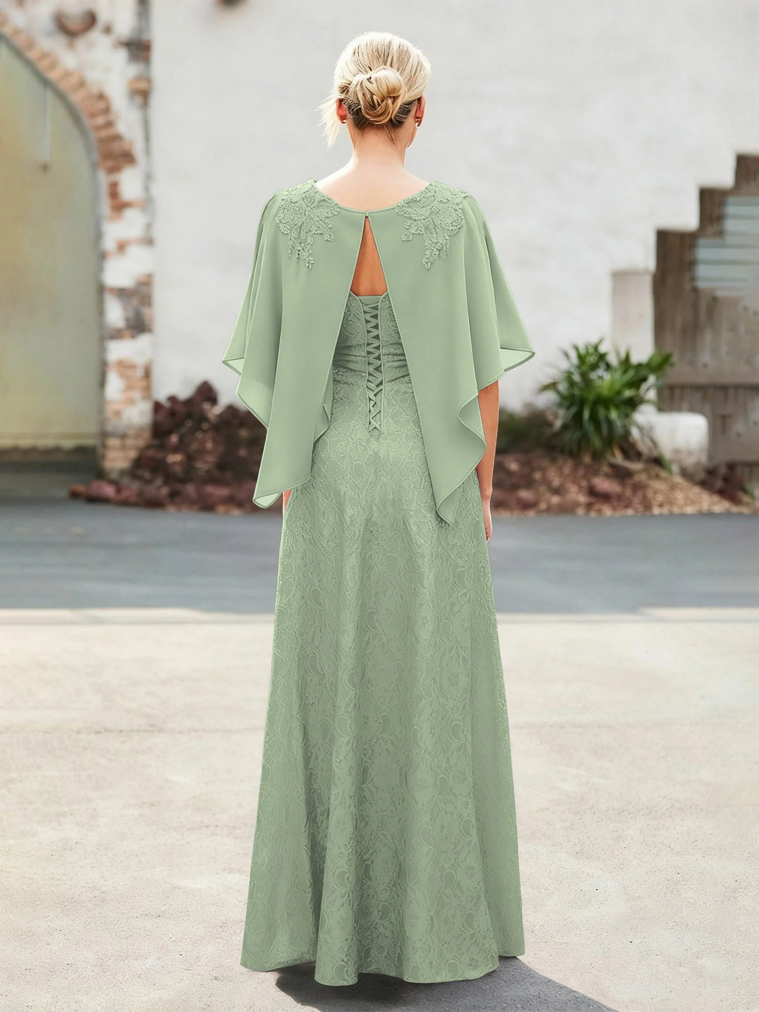 Elegant Scoop Cap Chiffon Spitze A-Linie Lang Kleid Staubiges Salbei - Image 2