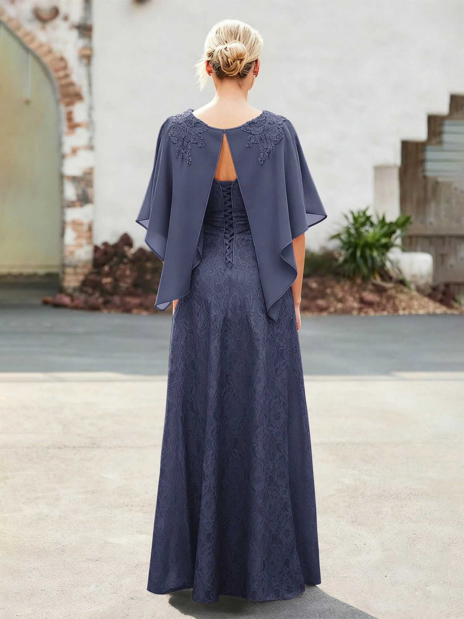 Elegant Scoop Cap Chiffon Spitze A-Linie Lang Kleid Sturm - Image 2