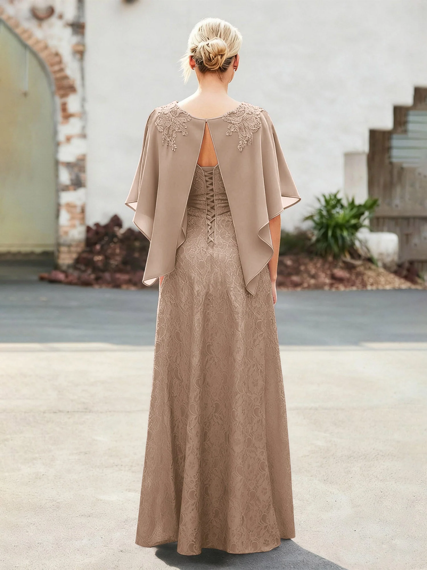 Elegant Scoop Cap Chiffon Spitze A-Linie Lang Kleid Taupe - Image 2