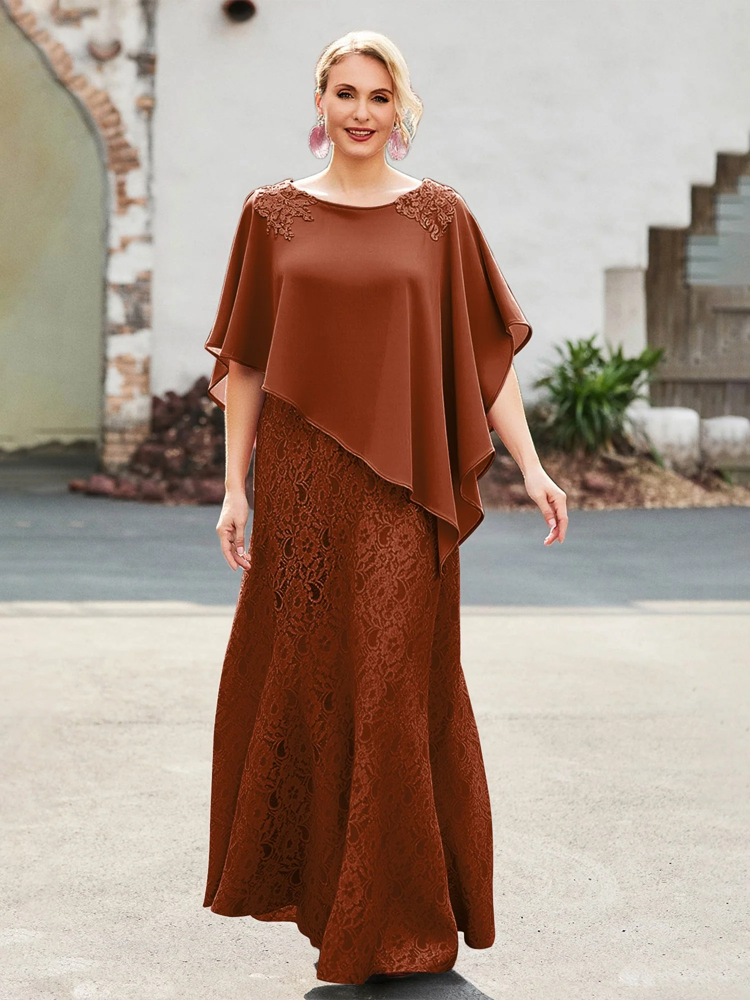 Elegant Scoop Cap Chiffon Spitze A-Linie Lang Kleid Terrakotta
