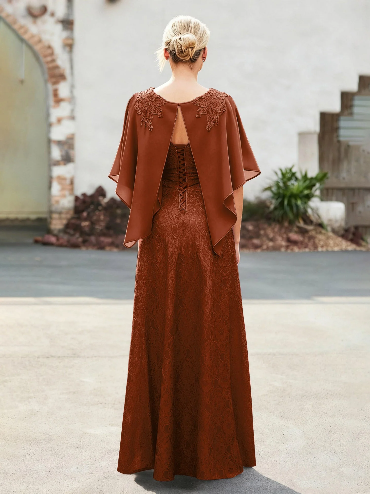 Elegant Scoop Cap Chiffon Spitze A-Linie Lang Kleid Terrakotta - Image 2