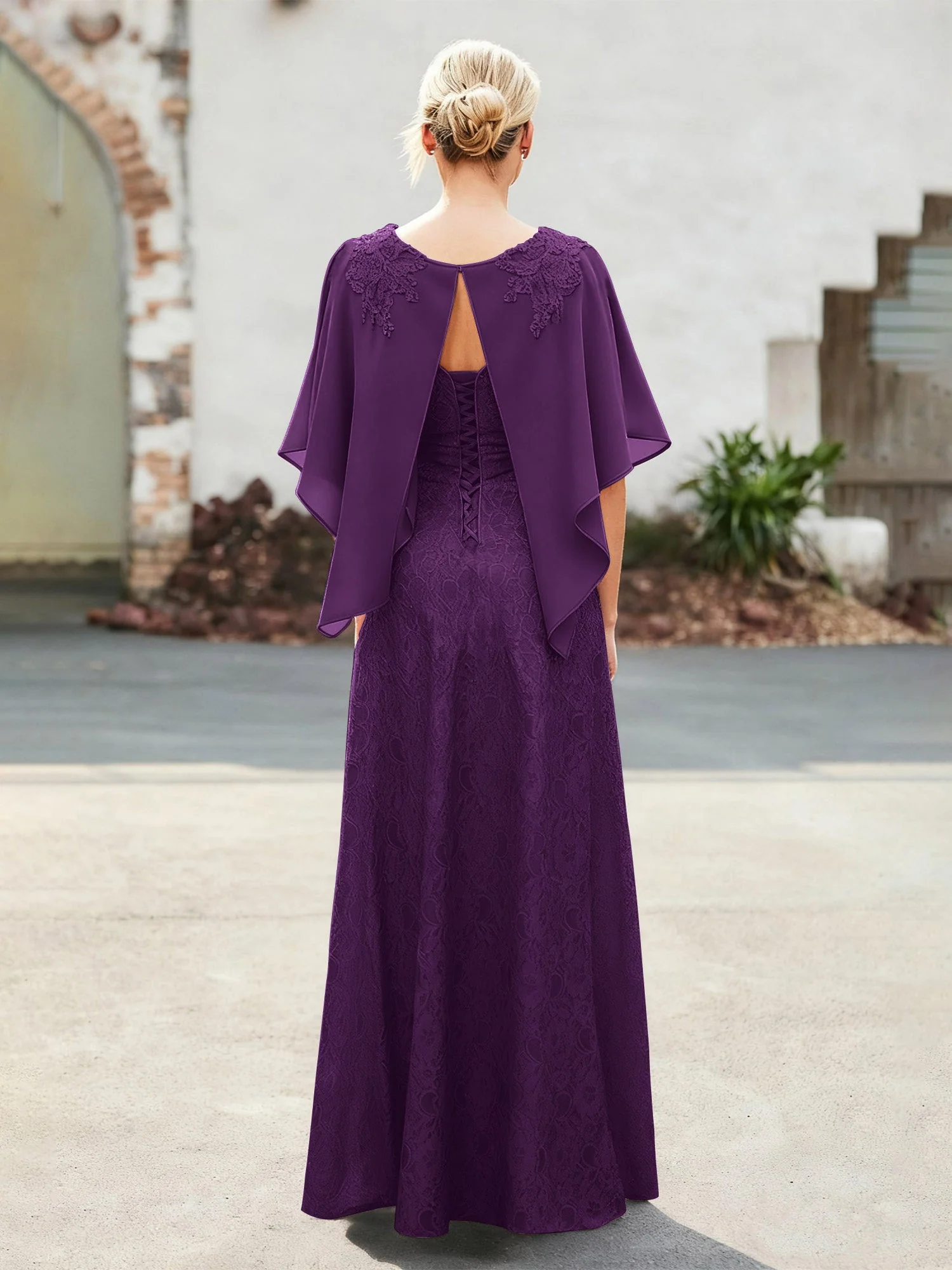 Elegant Scoop Cap Chiffon Spitze A-Linie Lang Kleid Traube - Image 2