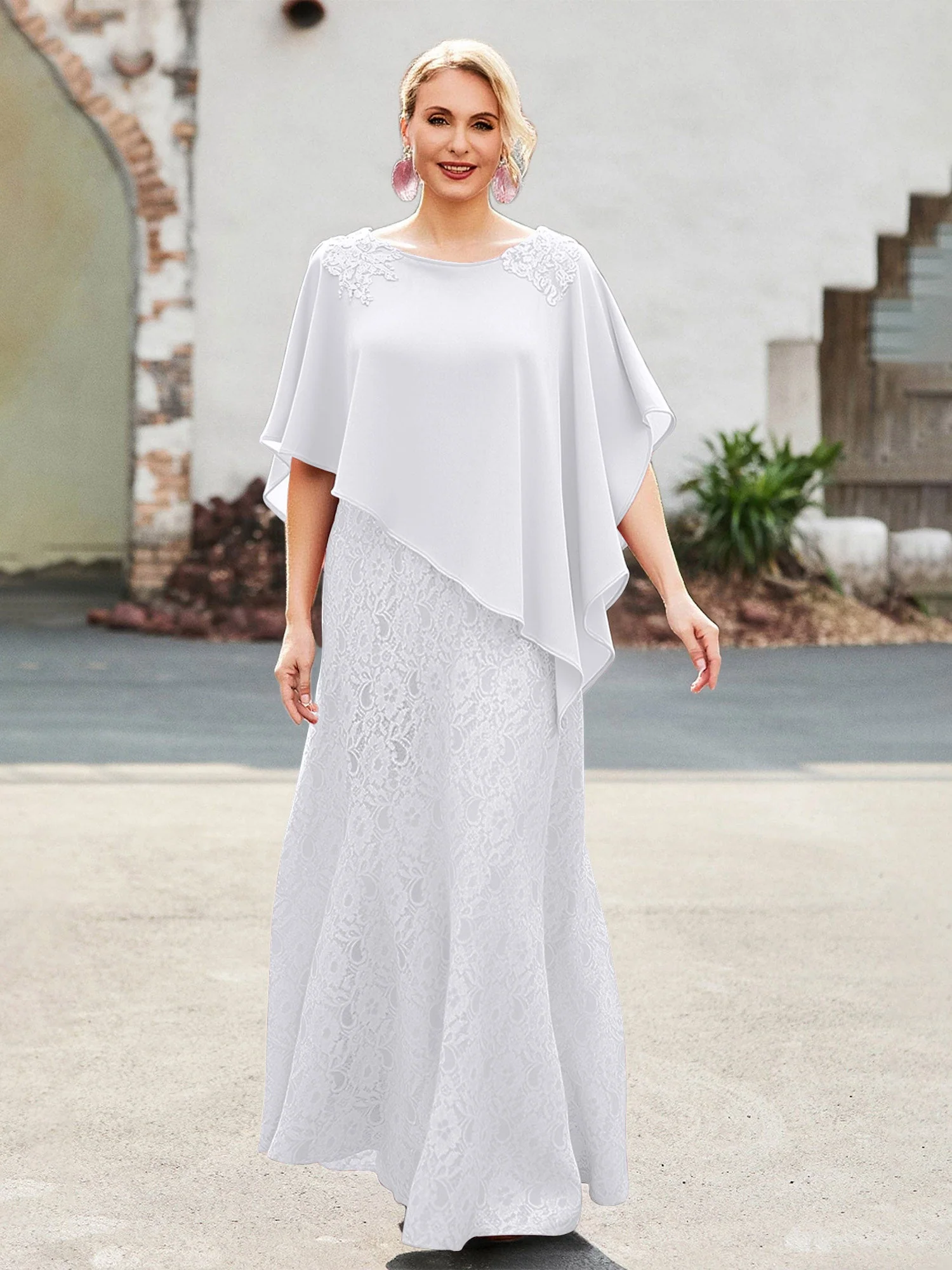 Elegant Scoop Cap Chiffon Spitze A-Linie Lang Kleid Weiß