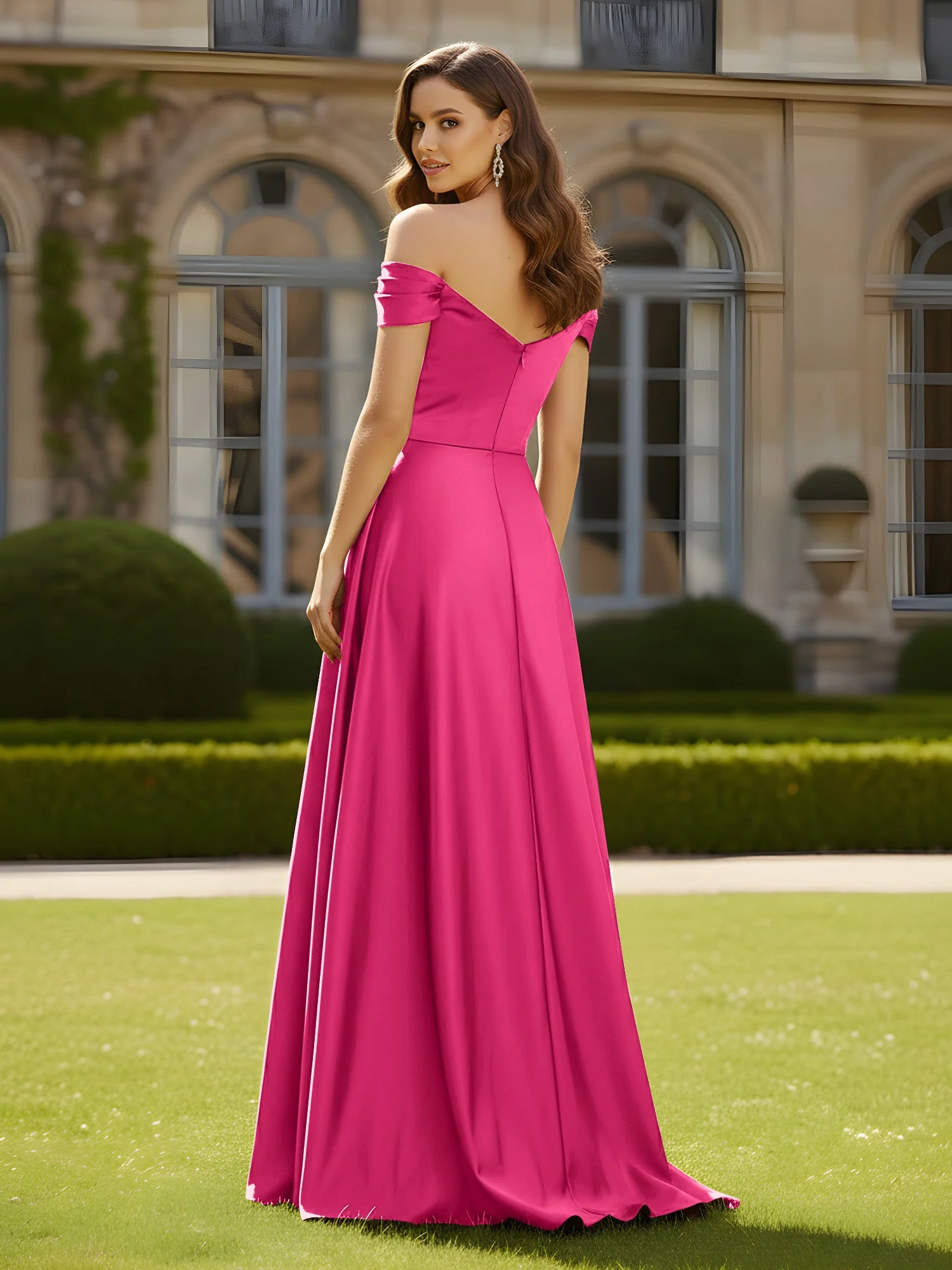 Hoher Schlitz A-Linie Kleid mit gekreuztem Oberteil Fuchsia - Image 2