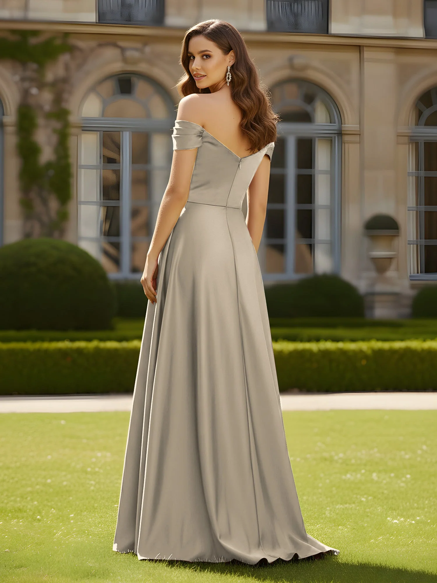 Hoher Schlitz A-Linie Kleid mit gekreuztem Oberteil Taupe - Image 2