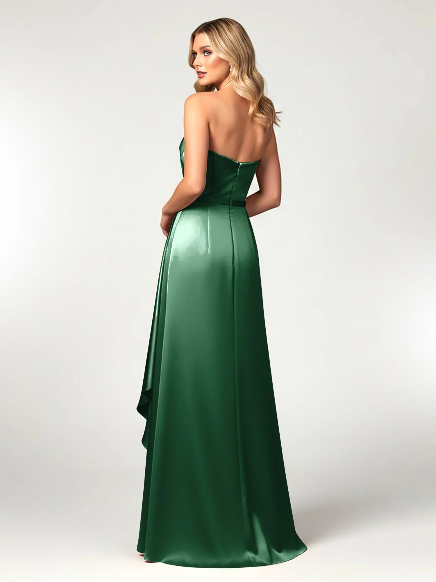 Trägerlos Herzform Ausschnitt Wrap Satin Kleid Dunkelgrün - Image 2