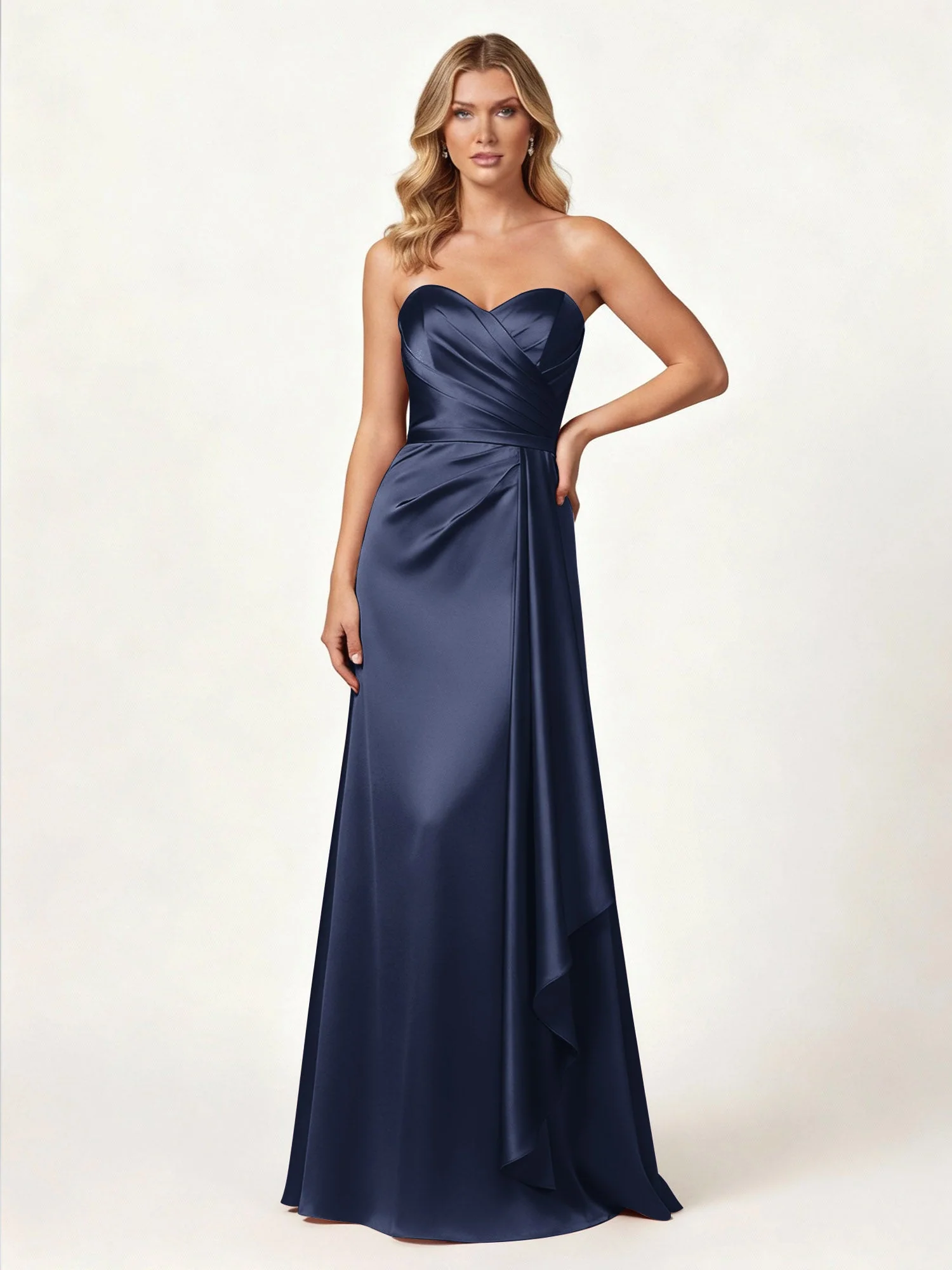 Trägerlos Herzform Ausschnitt Wrap Satin Kleid Dunkelmarine