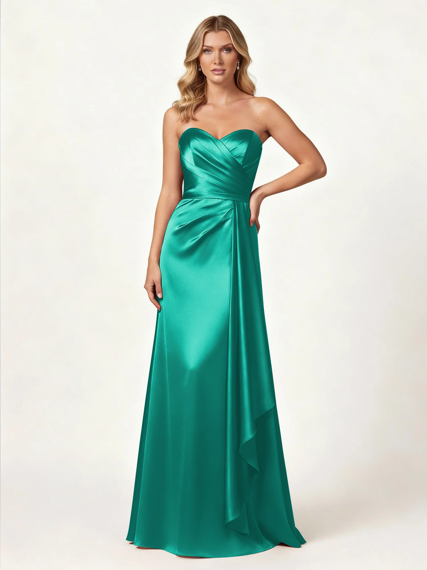 Trägerlos Herzform Ausschnitt Wrap Satin Kleid Jade