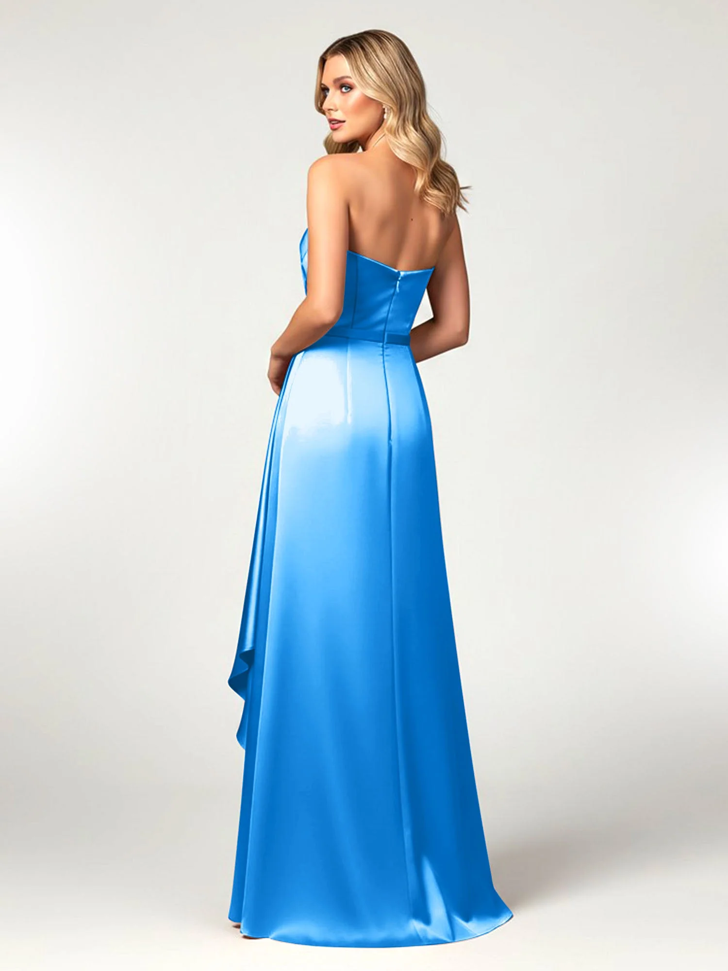 Trägerlos Herzform Ausschnitt Wrap Satin Kleid Meerblau - Image 2
