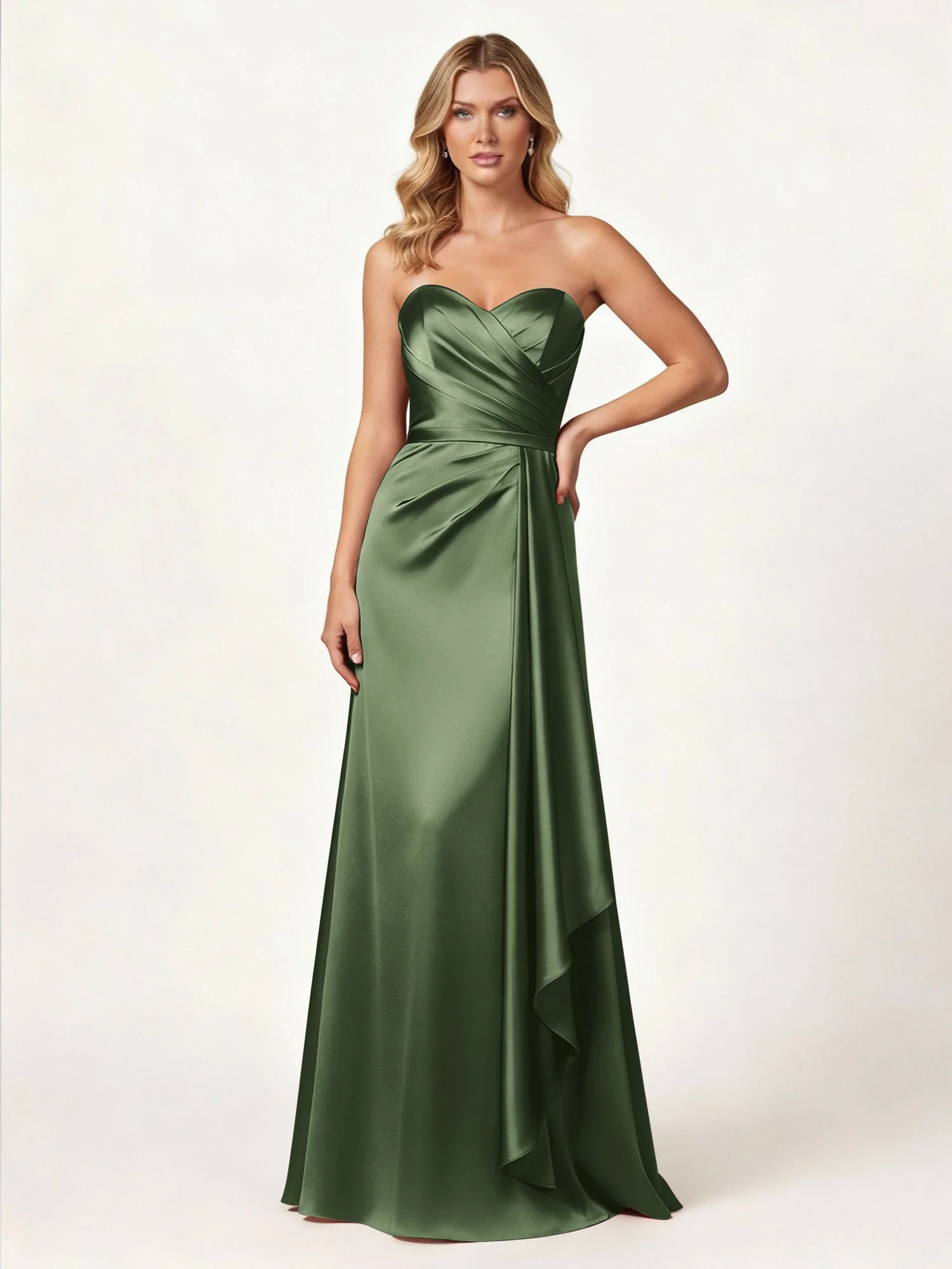 Trägerlos Herzform Ausschnitt Wrap Satin Kleid Olivgrün