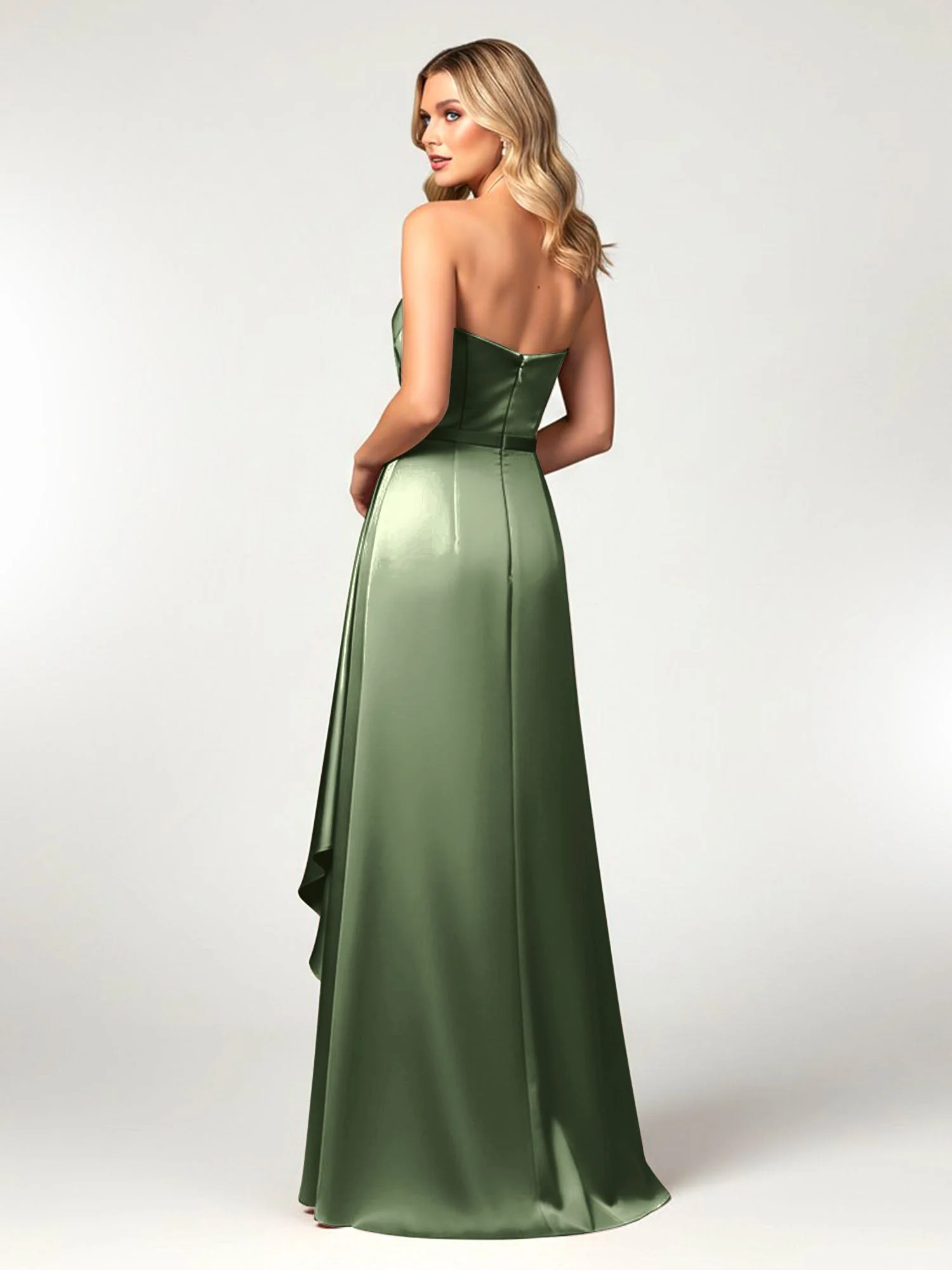 Trägerlos Herzform Ausschnitt Wrap Satin Kleid Olivgrün - Image 2