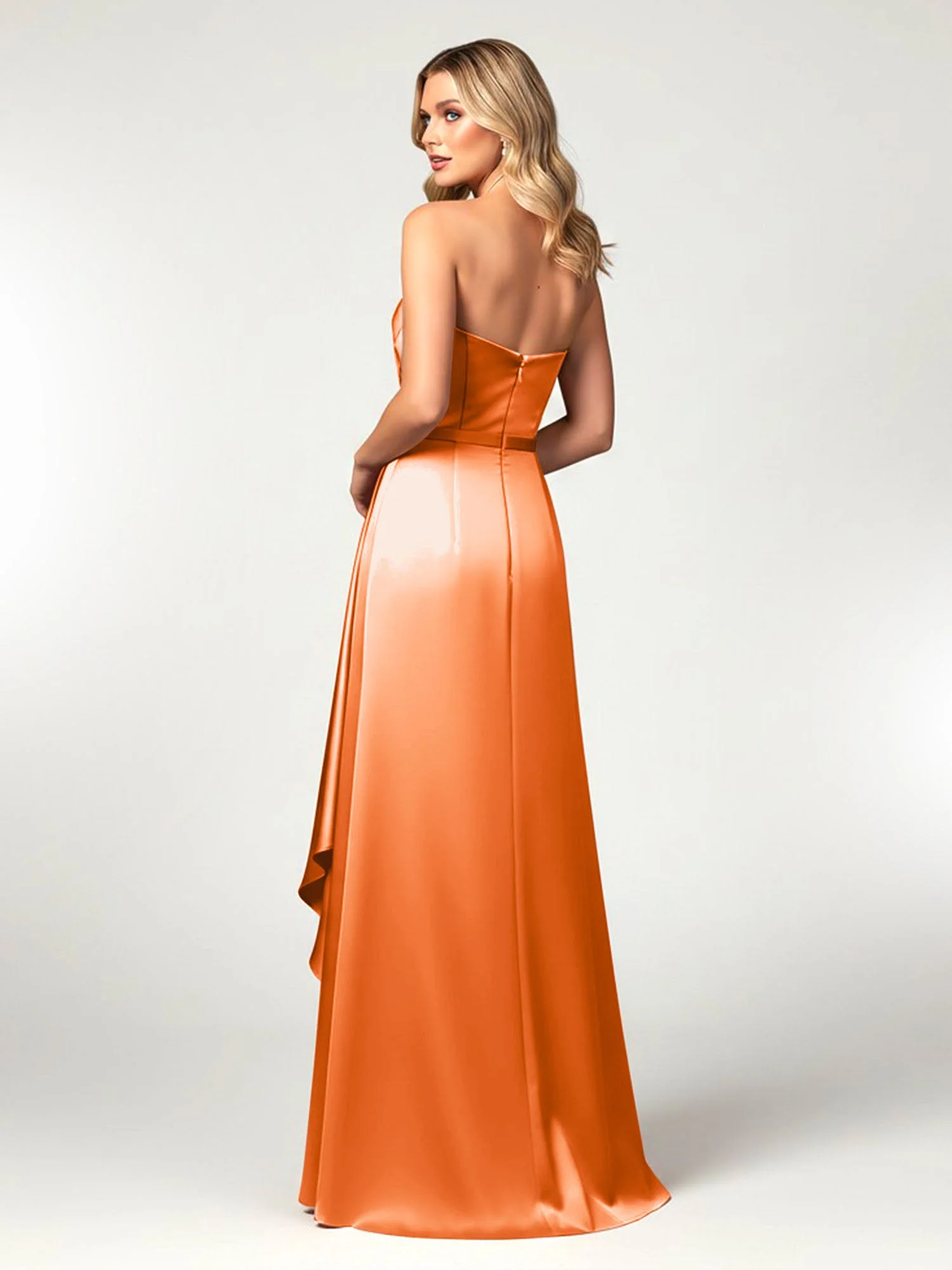 Trägerlos Herzform Ausschnitt Wrap Satin Kleid Orange - Image 2