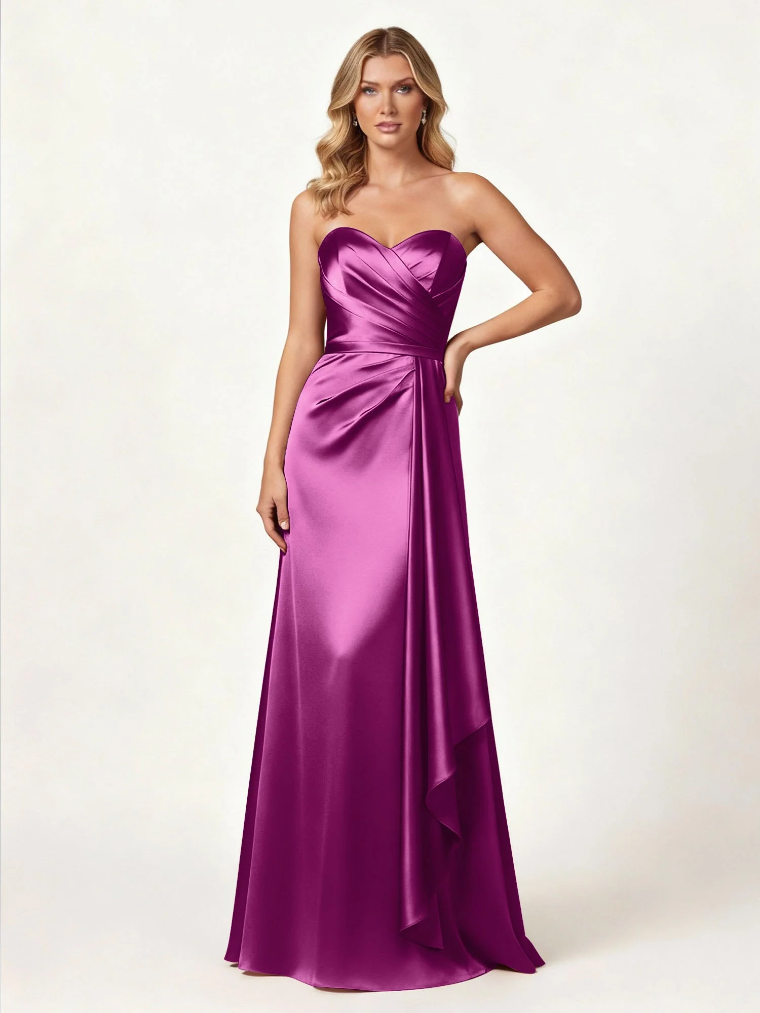 Trägerlos Herzform Ausschnitt Wrap Satin Kleid Orchidee