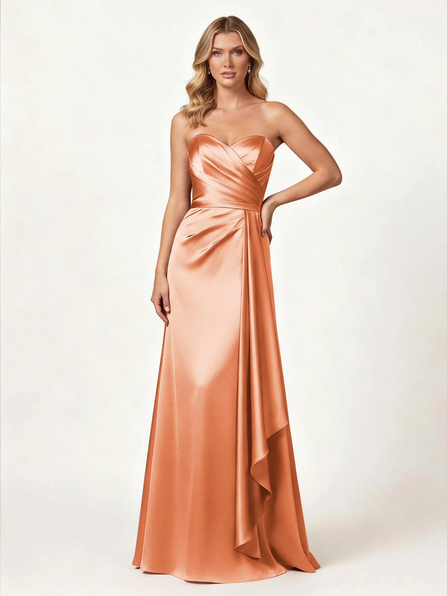 Trägerlos Herzform Ausschnitt Wrap Satin Kleid Papaya