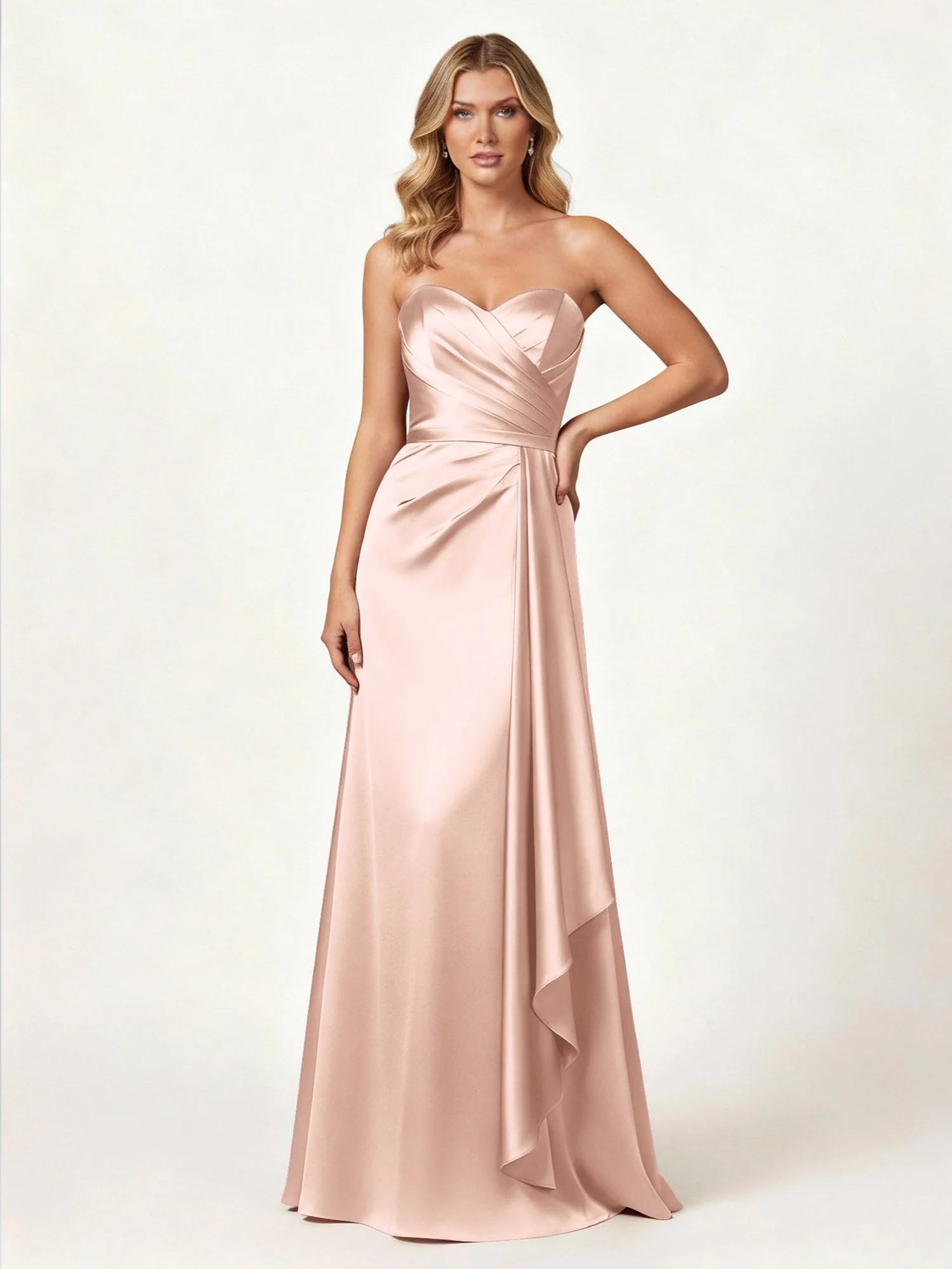 Trägerlos Herzform Ausschnitt Wrap Satin Kleid Perlrosa