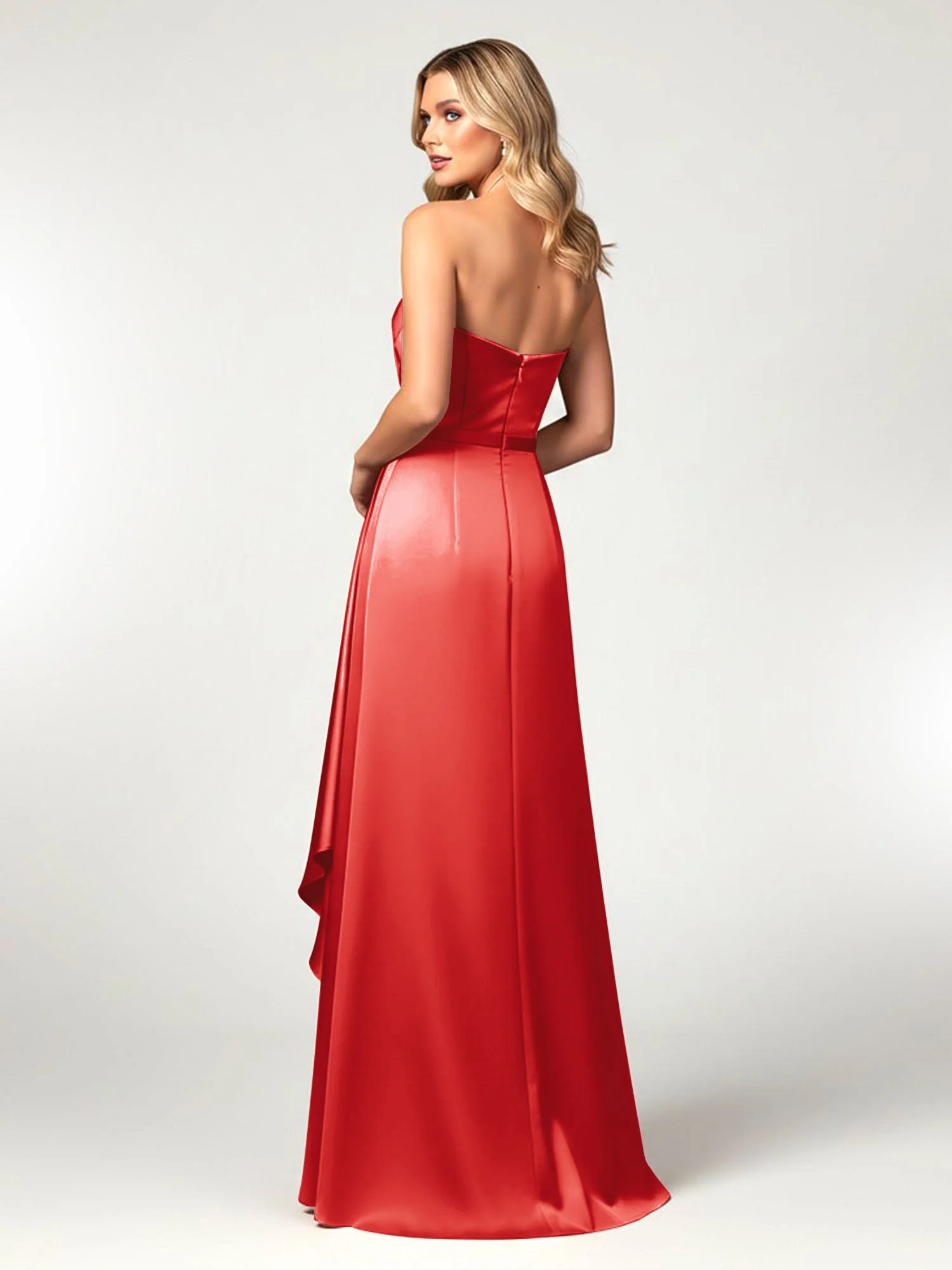 Trägerlos Herzform Ausschnitt Wrap Satin Kleid Rot - Image 2