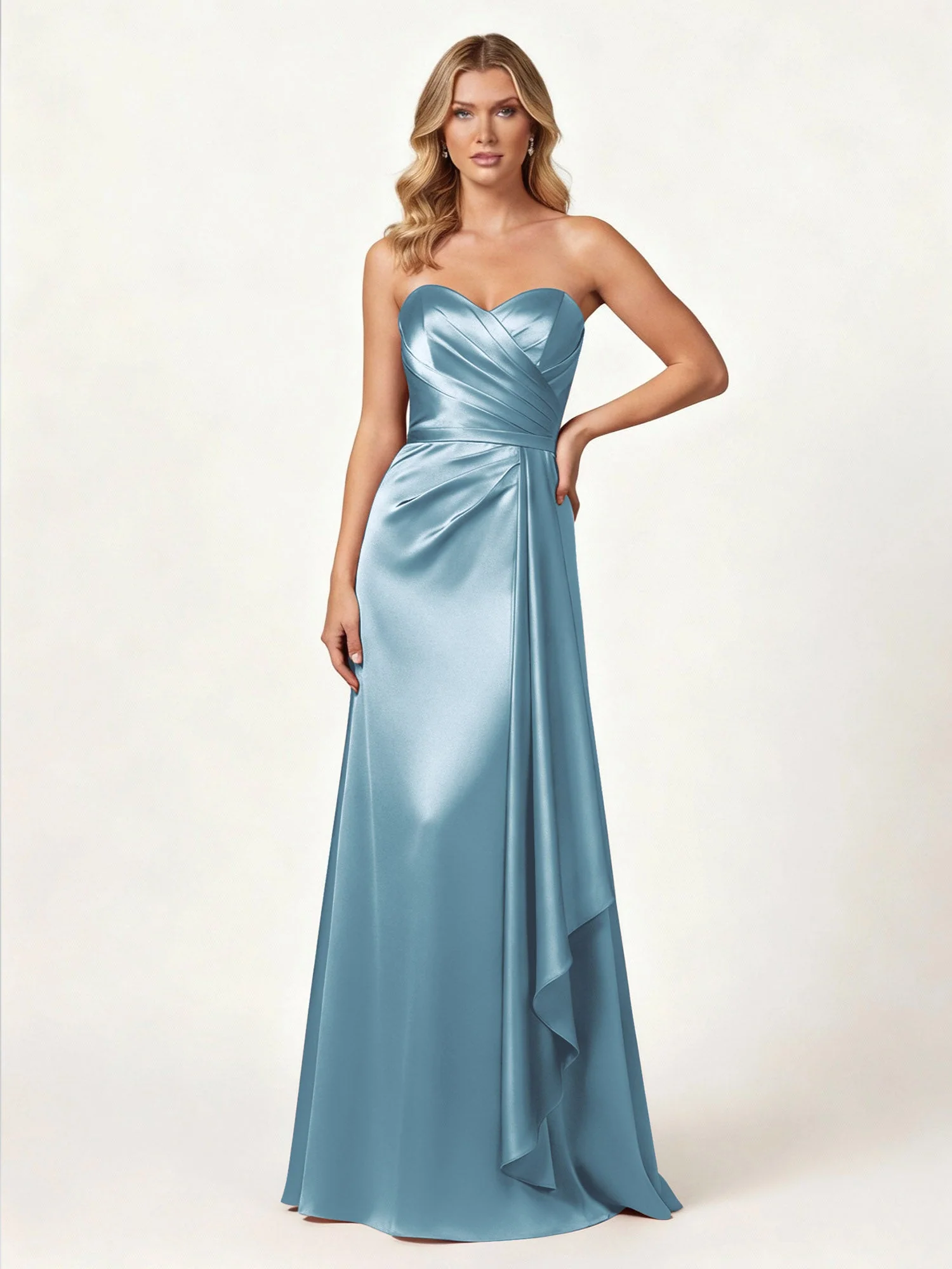 Trägerlos Herzform Ausschnitt Wrap Satin Kleid Schiefer Blau
