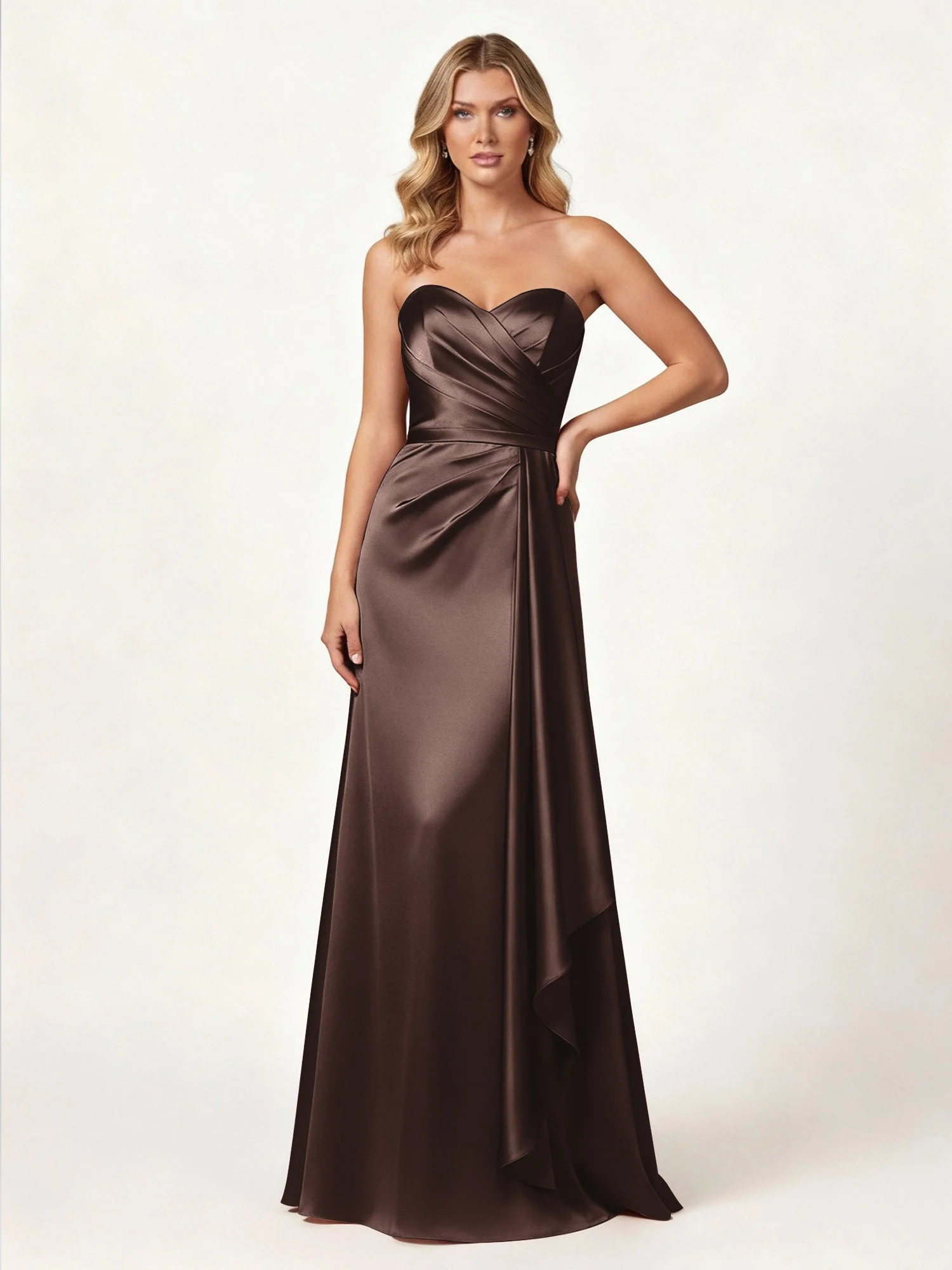 Trägerlos Herzform Ausschnitt Wrap Satin Kleid Schokolade