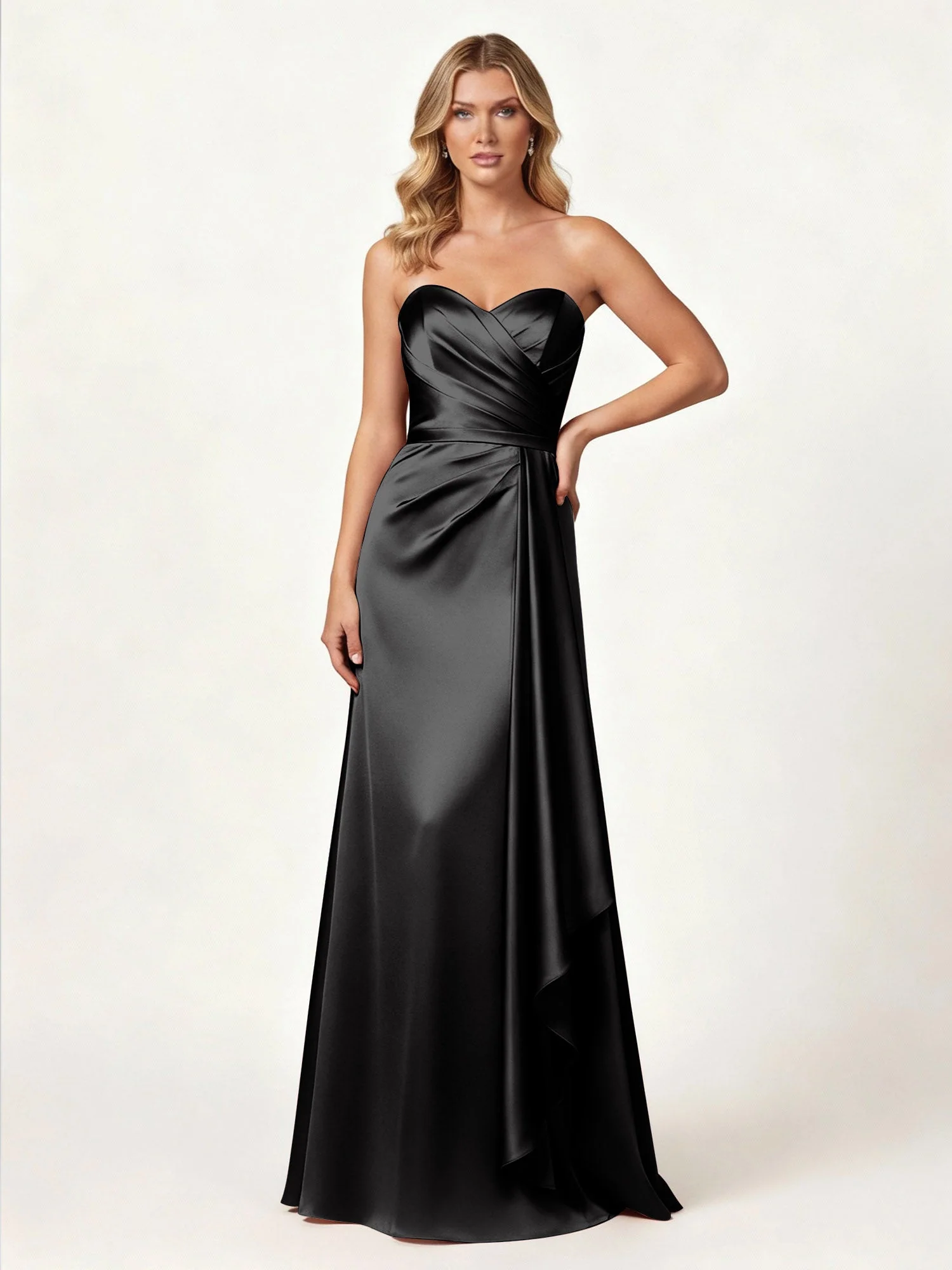 Trägerlos Herzform Ausschnitt Wrap Satin Kleid Schwarz