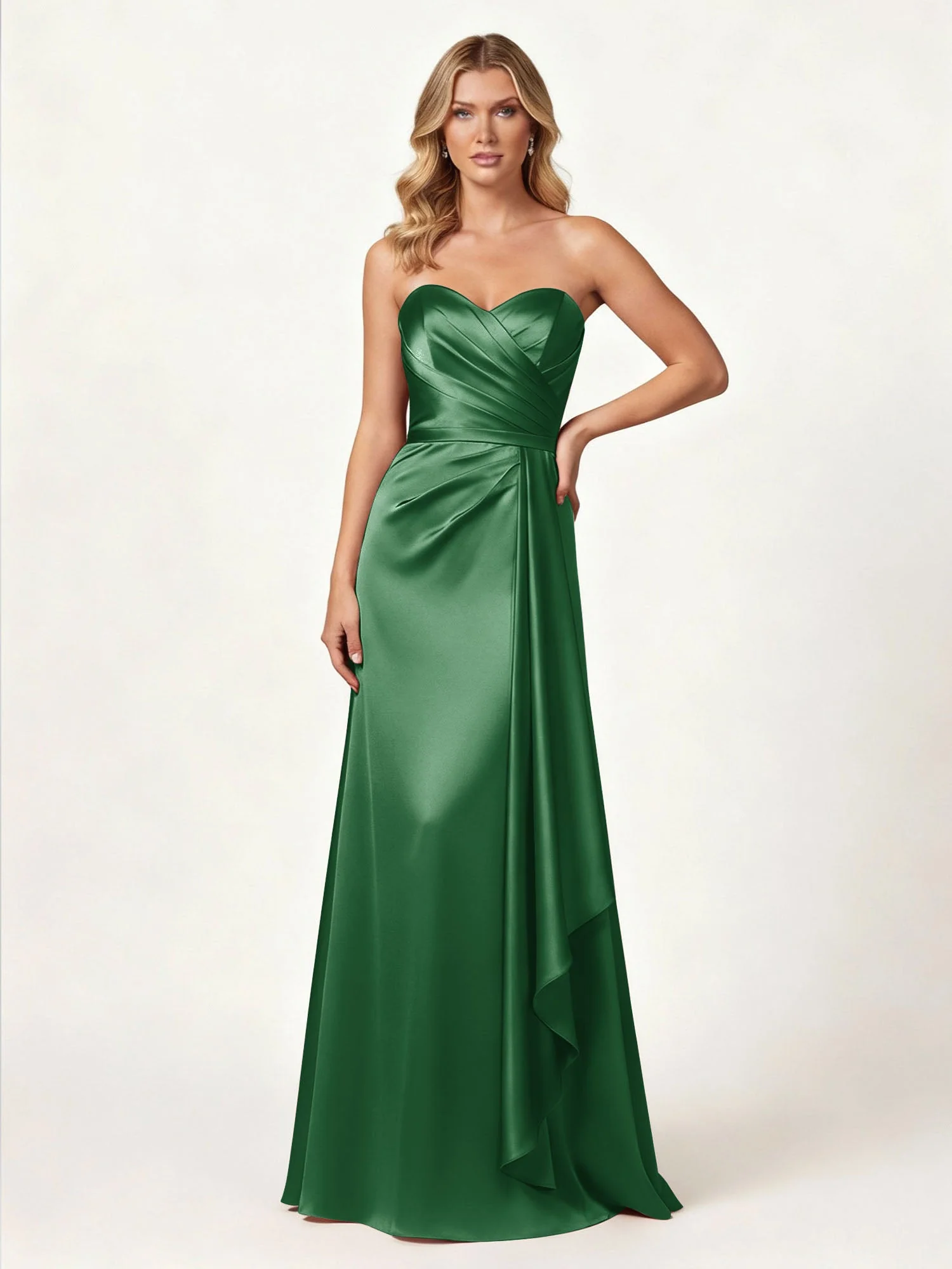 Trägerlos Herzform Ausschnitt Wrap Satin Kleid Smaragd