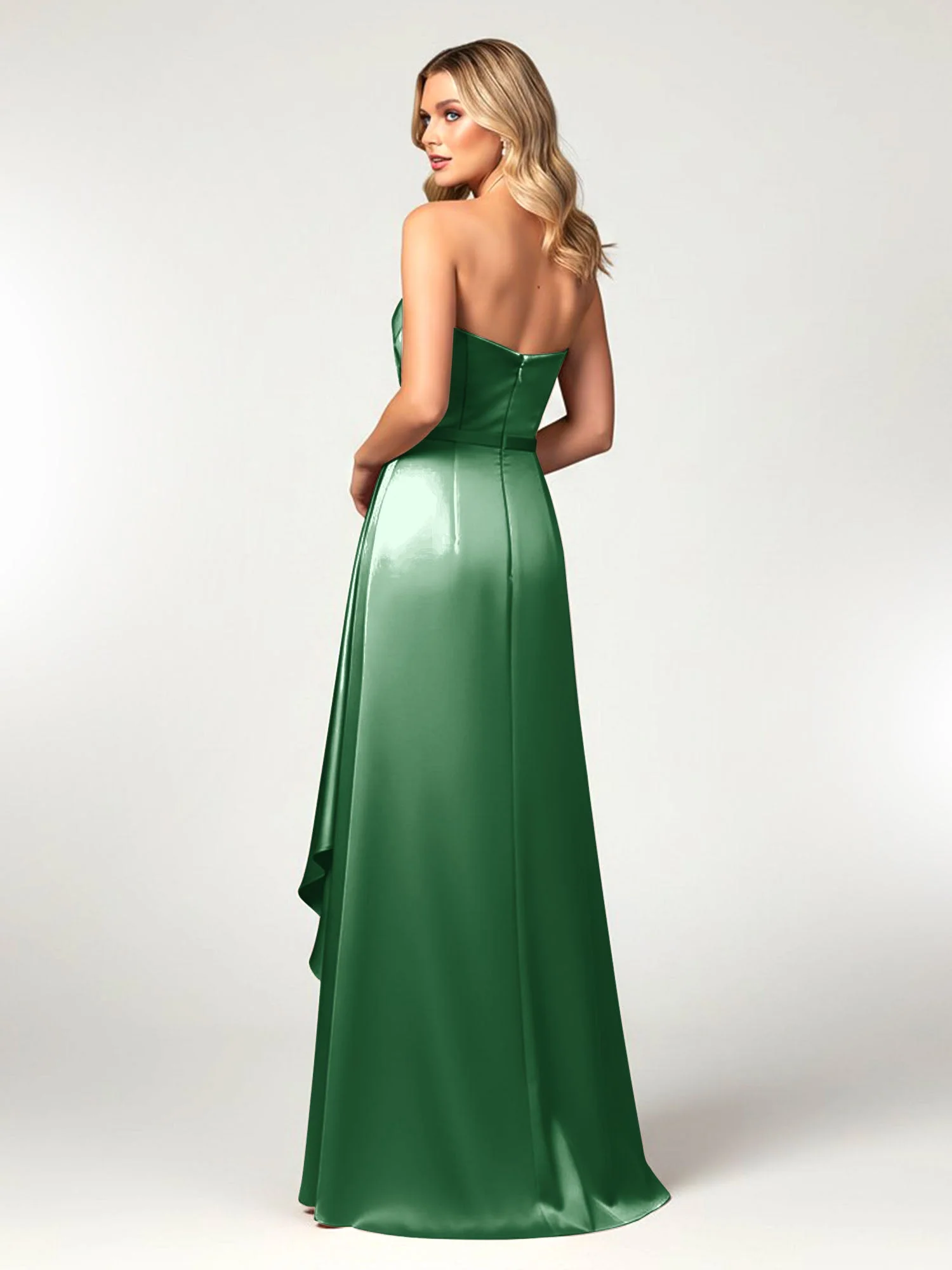 Trägerlos Herzform Ausschnitt Wrap Satin Kleid Smaragd - Image 2