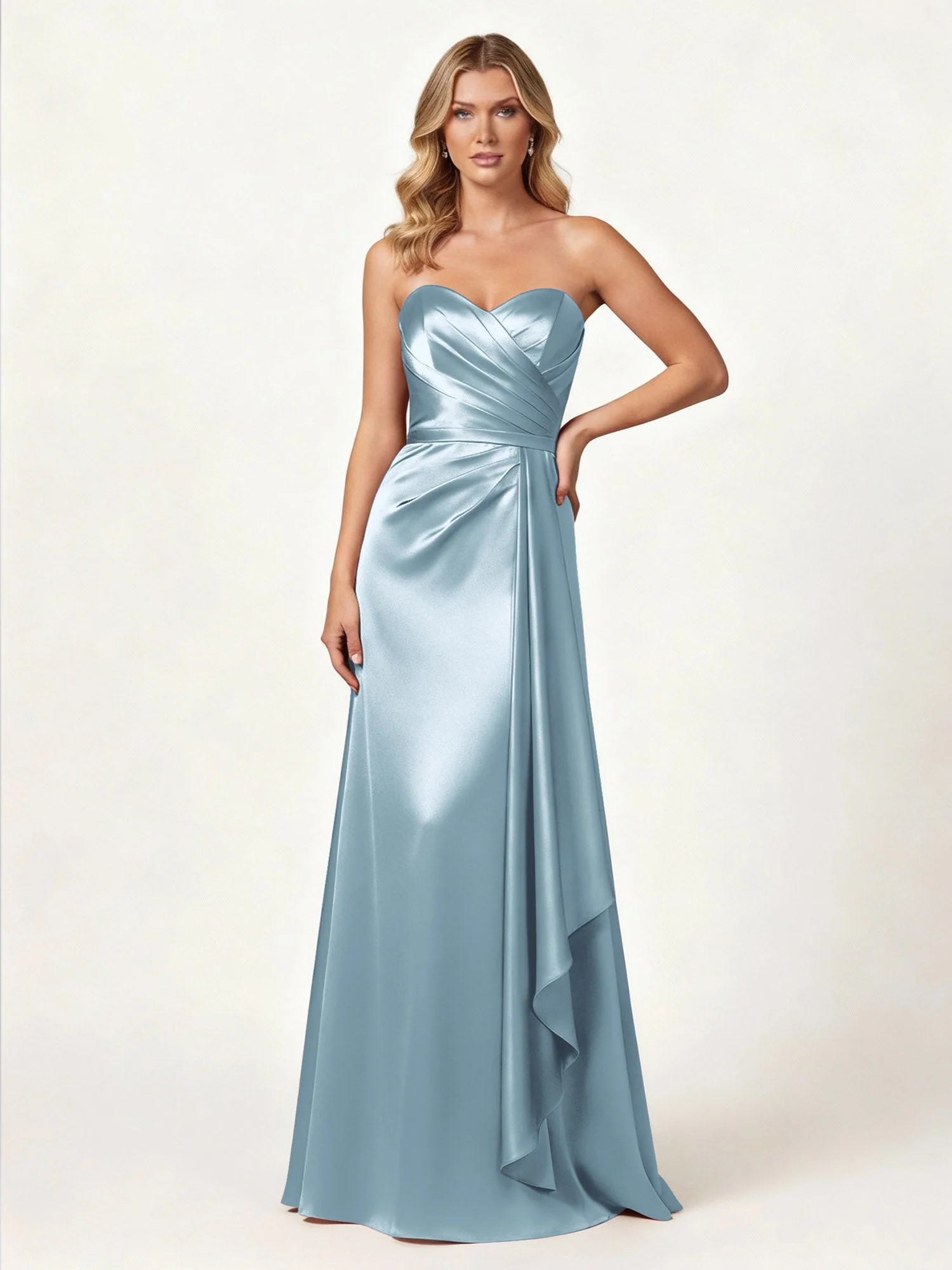 Trägerlos Herzform Ausschnitt Wrap Satin Kleid Staubiges Blau