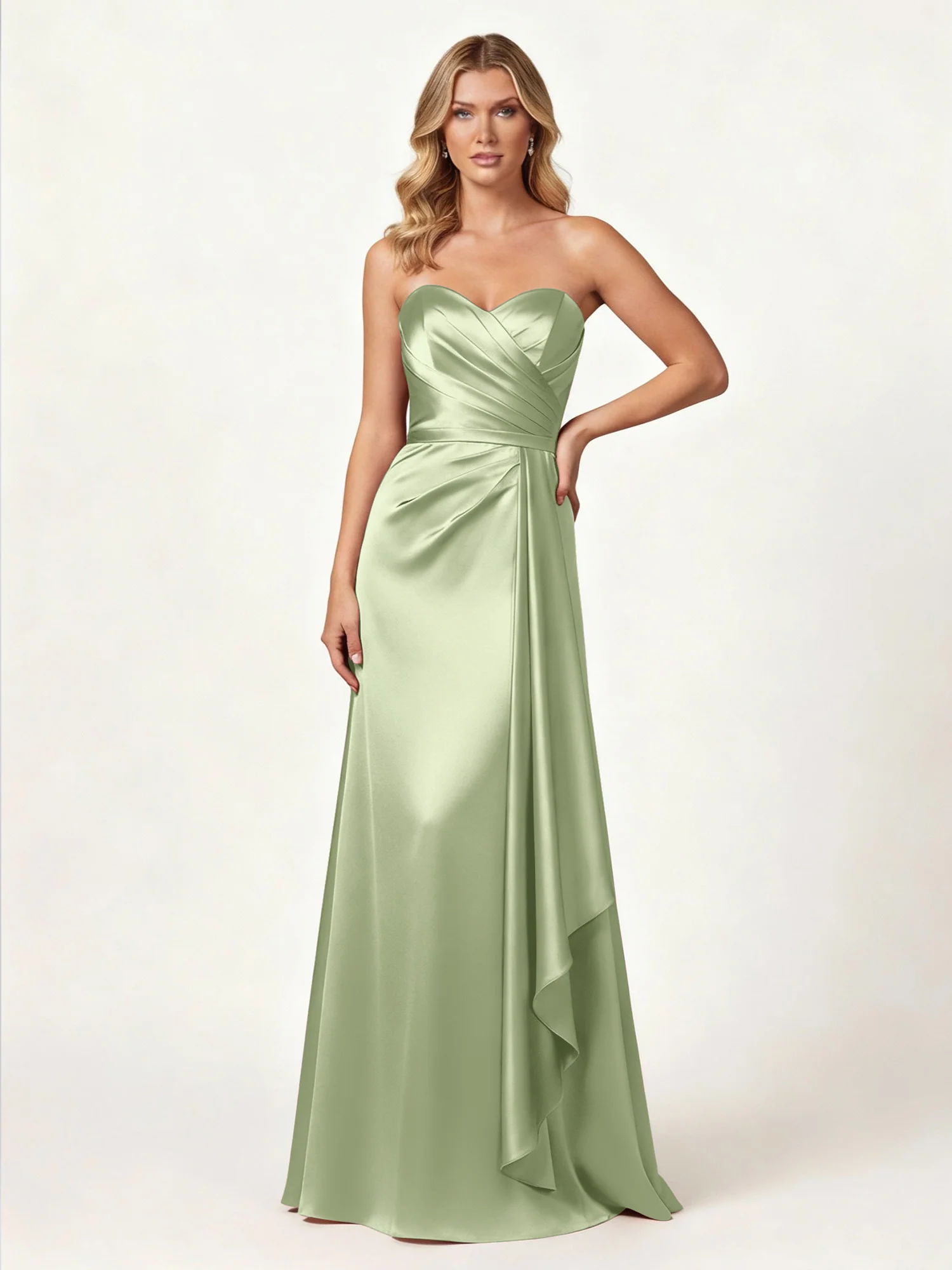 Trägerlos Herzform Ausschnitt Wrap Satin Kleid Staubiges Salbei