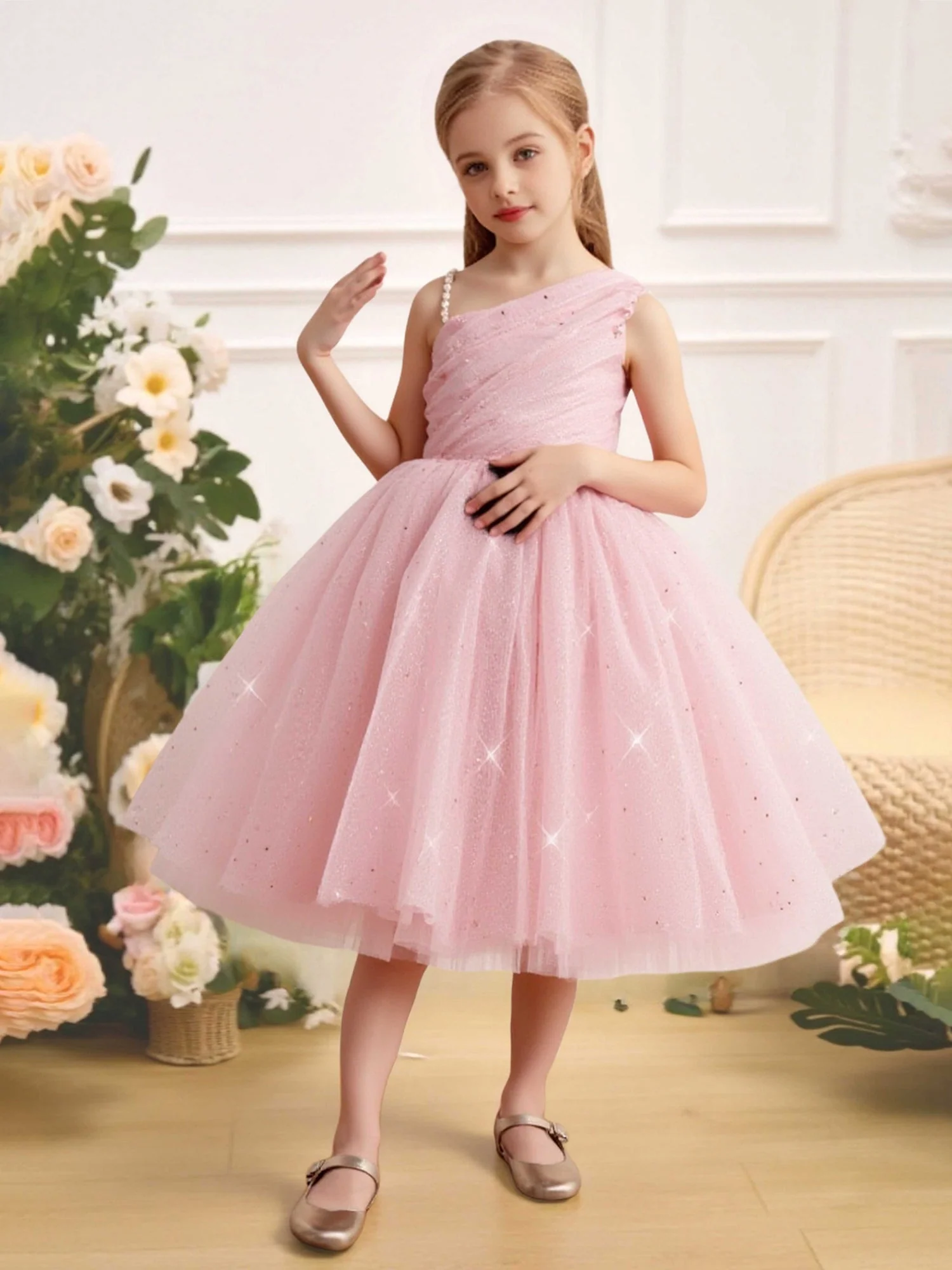 Plissee Oberteil Große Schleife Rücken Party Blumenmädchen Kleid Zartrosa
