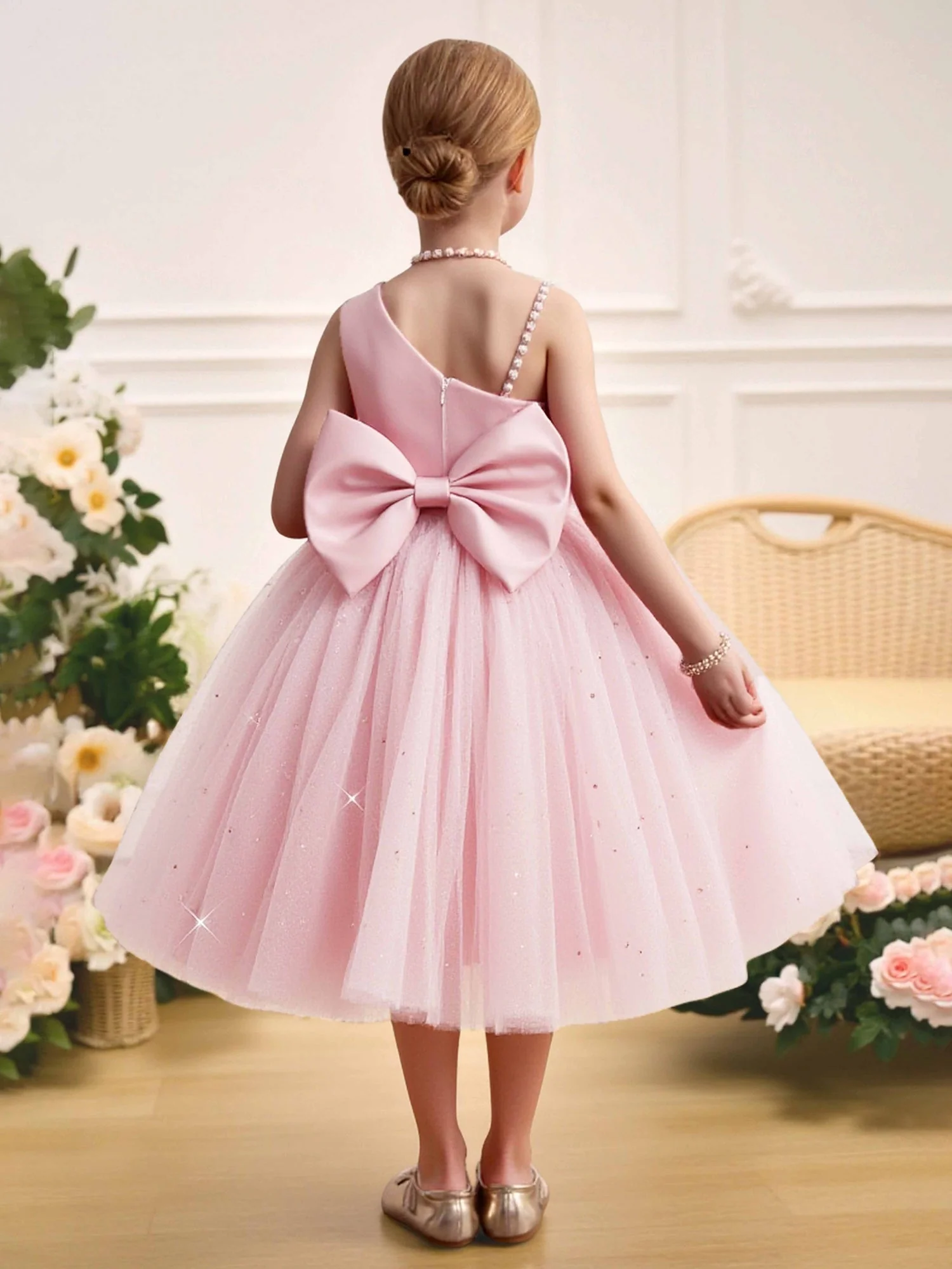 Plissee Oberteil Große Schleife Rücken Party Blumenmädchen Kleid Zartrosa - Image 2